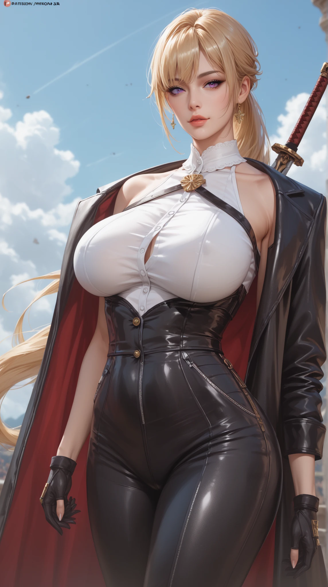 femele1,a blond,hair messy,cold eyes,20yr old,Western castle background,Sexual innuendo,big breasts thin waist,long legged,ultra large size boob,Huge ass,Police Hat,Wearing a coat,fullnude,((masutepiece)),(((top-quality))),((Ultra-detailed)), ((beautifull detailed face)), ((Cinematic lighting)), depth of fields, best qualtiy,(Beautiful detailed girl),Detailed Lighting,(Beautiful detailed eyes), huge-breasted, Erotic, sexy for, cleavage, bare thigh, Red Lip, エロ18prohibit,fullbody naked,big nipple mistress,cunt, round and smooth bare feet,Sexual temptation,Luxury high heels,Precise hands,high quality fingers