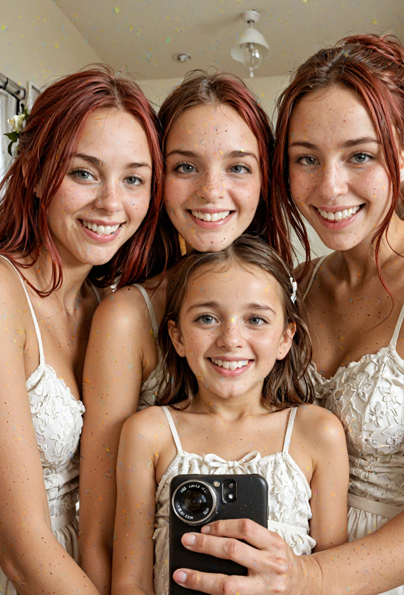 a young girl sees her mother putting make up and mimics her moves, the mother an adult woman holding make up brush, the girl also holding a make up brush in front of the mirror (they are in the same position in front of the mirror: 1.5)), (highest quality:1.2, Very detailed, up to date, Vibrant, Ultra-high resolution, High Contrast, masterpiece:1.2, highest quality, Best aesthetics), best details, best quality, highres, ultra wide angle, 16k, [ultra detailed], masterpiece, best quality, (extremely detailed), 