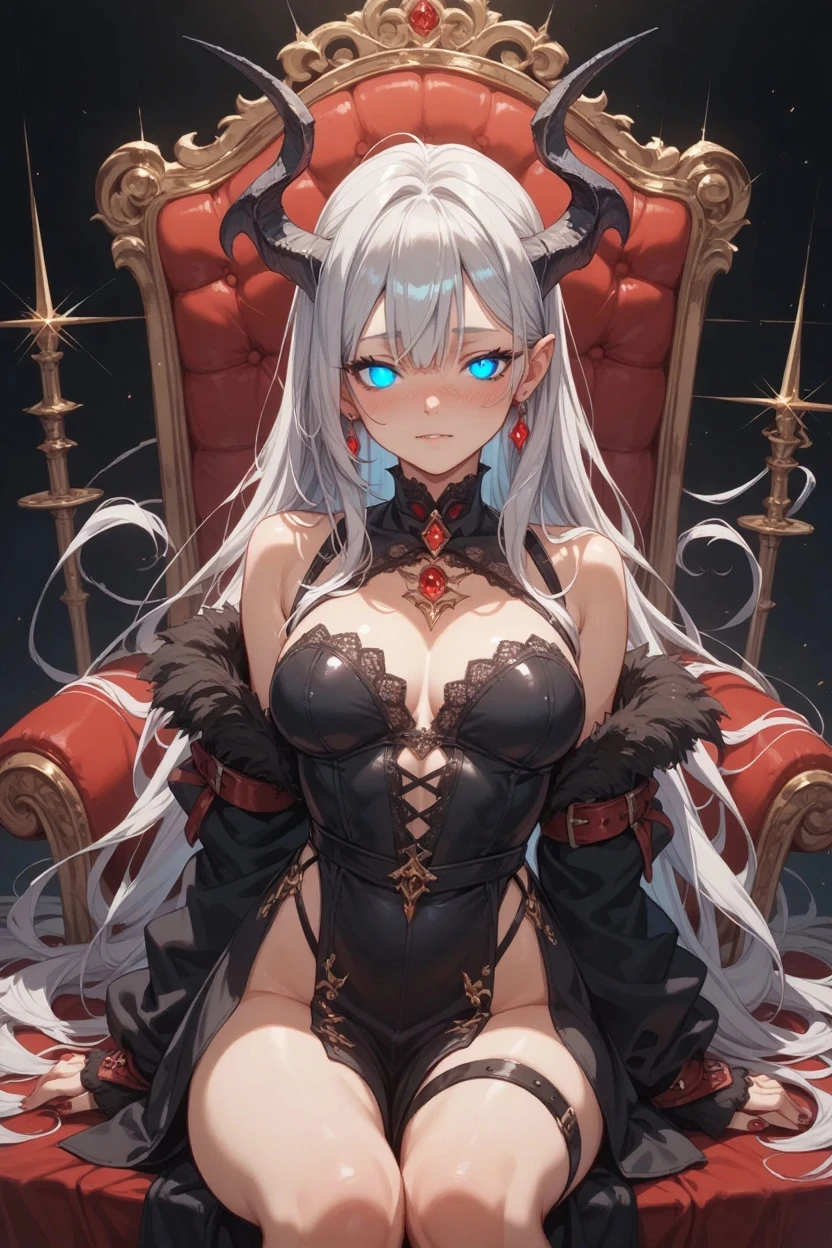 1girl,solo,
jewelry,large breasts,
,black nightgown, curled horns, , elbow gloves,black gloves,
white hair,very long hair,demon wings,pointy ears,purple eyes,
, light smile, ,
sitting,indoors,couch,red moon, <lora:AlbionSuccubusNightgownV1:1>,