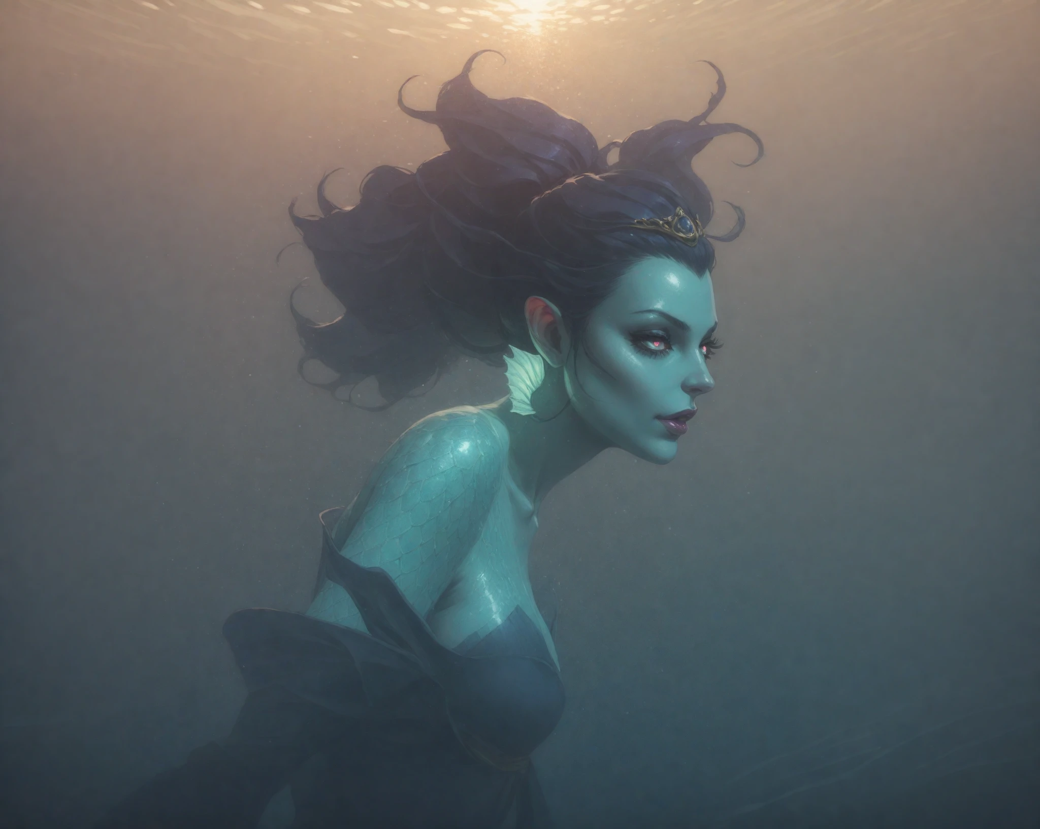Solo, female, Solo, female, mermaid, sly look, long black hair, under the sea, dark red lips, mediumabreasts, blue eyes, under the sea, swimming, dark light, sea, darkness, only bra front pose