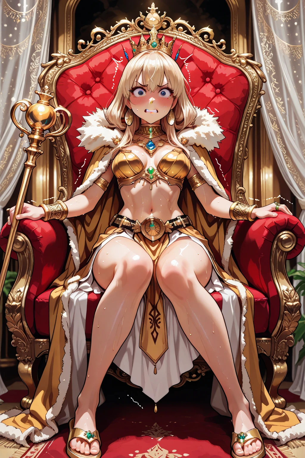 17yo girl, elf, golden hair, hime cut, long hair, J cup breast, thicc thigh, erotic body,  golden string pasties on tits, golden pasties on pussy,  golden bracelets, golden collar, golden necklaces, golden throne, golden cape, golden tiara, golden heels, gorgeous, standing in front of throne, holding golden cane, charming smile, throne room scene, clear view, full body view.