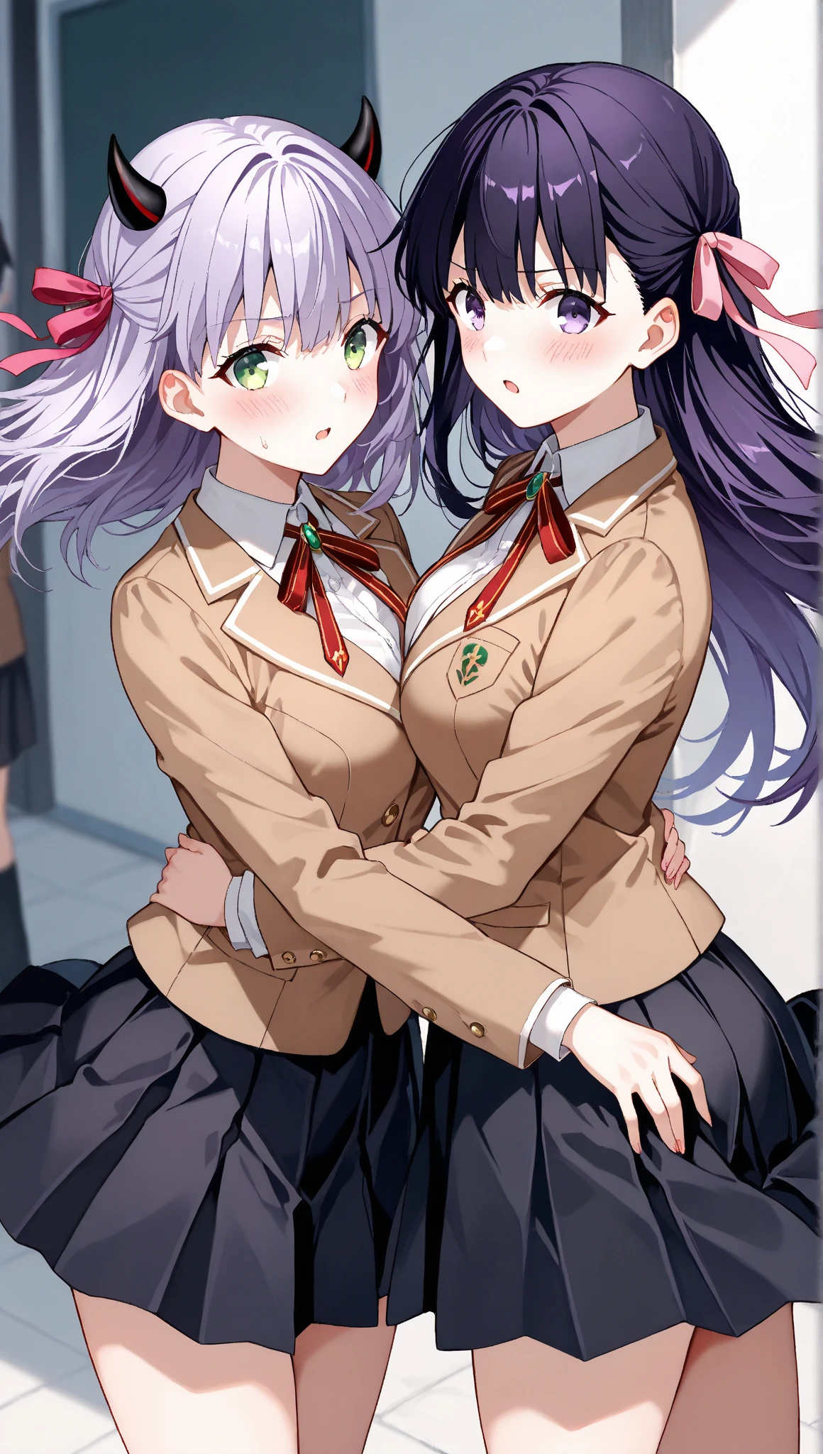(best quality:1.2) (4k:1.) (highres:1.1) , (ultra detailed CG:1.1) ,
2girls elf , pointy ears , (multiple girls:1) , (detailed face:1) , (silver ponytail:1) , (small breasts:1) , <lora:NippleCutout1-000013:1.2> (nipple cutout:1.3) , (clothing cutout:1.1) , <lora:nippletag-wasabiya:1> (niptag:1.2) , (detailed nipples:1) , (walking side by side:1.2) , (looking to the side:1.2) , <lora:school_hallway_v0.1:.8> (school hallway:1) , school uniform , skirt , long sleeves , :D , bowtie , upper body , sunlight <lora:hyperdetailer_v095:.4> <lora:Gloomifier_TheDread_V1_LECO:-.4>