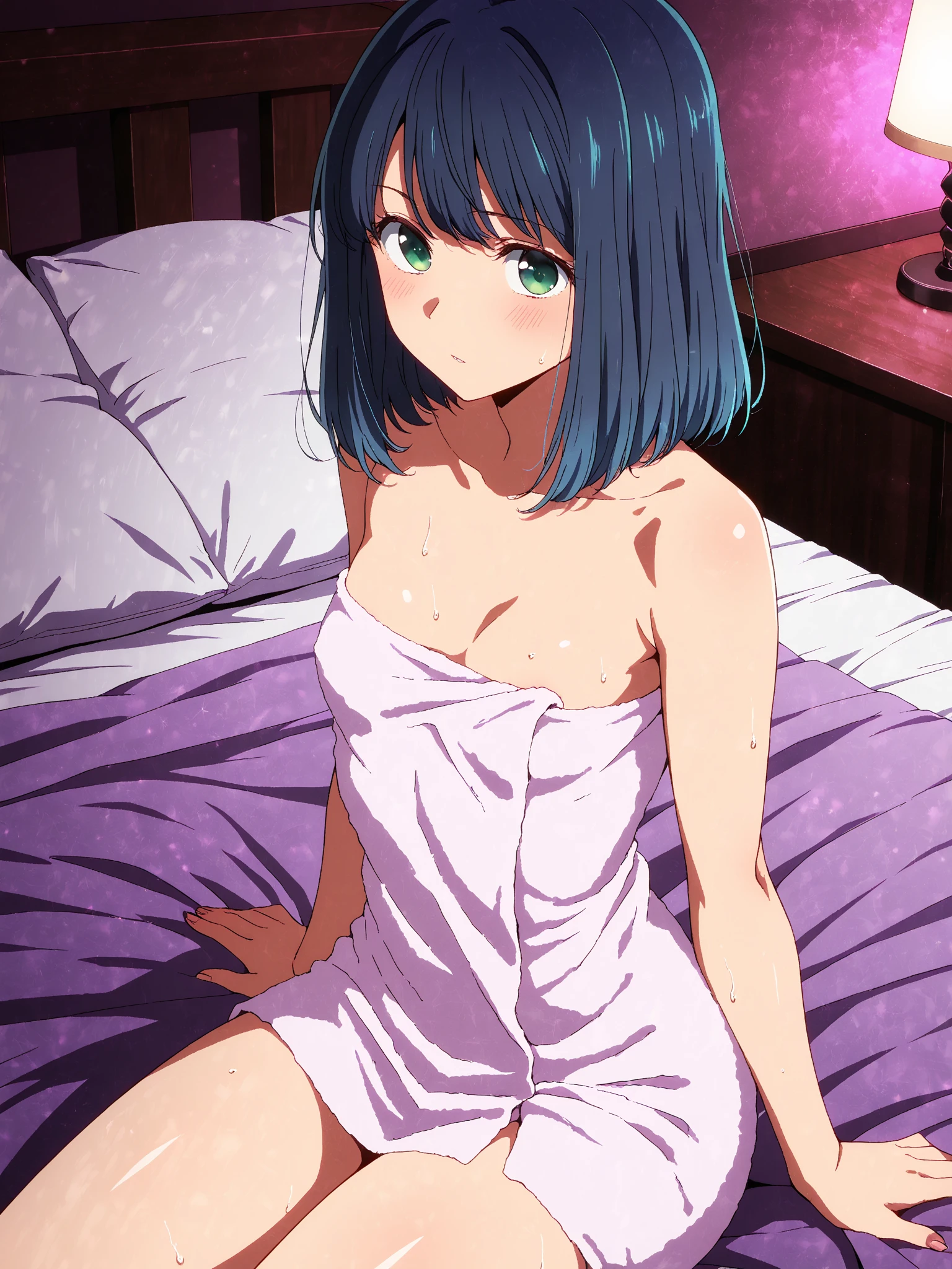 masterpiece, high quality, 8k, beautiful lighting, 1 girl, alone, Akane,,, looking at the viewer, medium breasts, short hair, sitting、on the bed、shy、Reddening of the face、distressed look、white bra、white panties