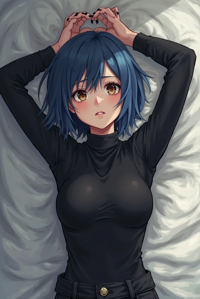 Girl, side lighting, sweaty, excited, in little clothes, medium short hair, black hair with navy blue tips, finely detailed eyes, looking at the viewer, light blue blue, big tits, a small waist, a worked body, large, shapely thighs with tight navy blue leggings up to the middle of the thigh with the wet and excited vagina, blushing and messy with a tired body and exhaling air lying in bed, realista, golpes