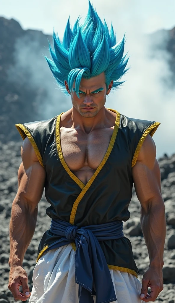 (work of art, best qualityer:1.2), cowboy shot, standing alone, male focus, 1 young boy, gogeta, muscular male, (cos_coat, rot_coat:1.2), pretentious smile, gazing at viewer, rot hair, blue colored eyes, vest, blue sash, White pants, bracelet, Tailpussy, pectorals