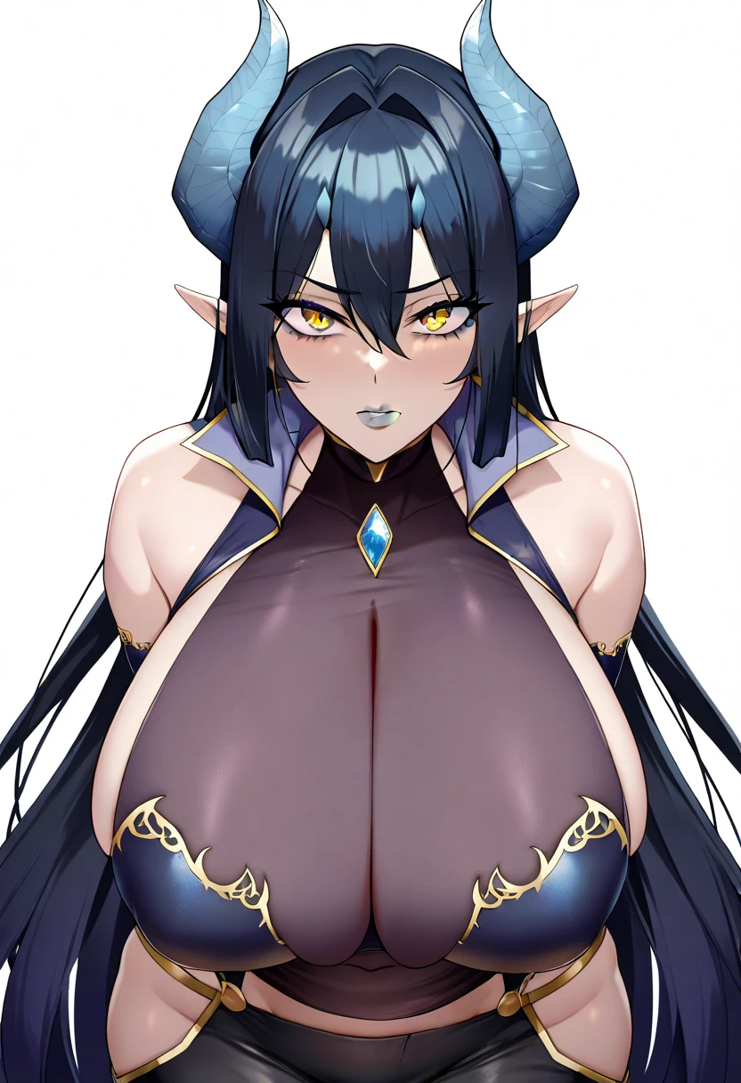 Good quality, details, 2D, mature woman, only 1woman, gorgeous face, white skin, huge boobs, black hair, long hair, red eyes, beautiful, red lips, black eyeshadow, eyeliner, milf, sexy succubus
