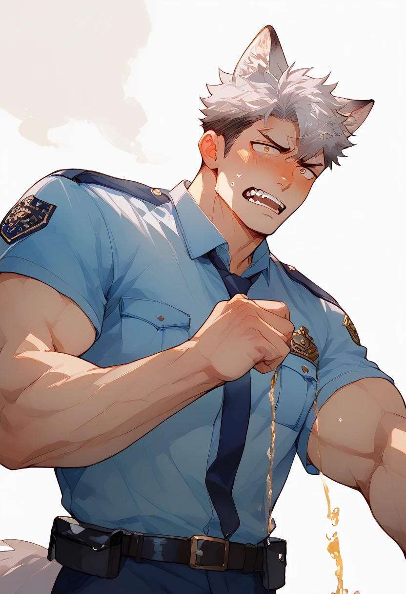 score_9, score_8_up, score_7_up, score_6_up, perfect , perfect proportions, best quality, masterpiece, high_resolution, high quality, aesthetic, absurdres, (male focus), solo male, adult, mature, masculine, manly, handsome, charming, alluring, cowboy shot, dutch angle, source_game \(Tokyo Afterschool Summoners\), source_game \(housamo\), official style \(Tokyo Afterschool Summoners\), official style \(housamo\), Hogen, TASHogen, old man, wrinkle, gold eyes, white hair, short hair, facial hair, beard, TASHogen_outfit02, Japanese police uniform, Japanese police peaked cap, light blue collared shirt, short sleeves shirt, jacket over shoulder, black police jacket, wrist rope, black pants, thigh strap, from below, low angle