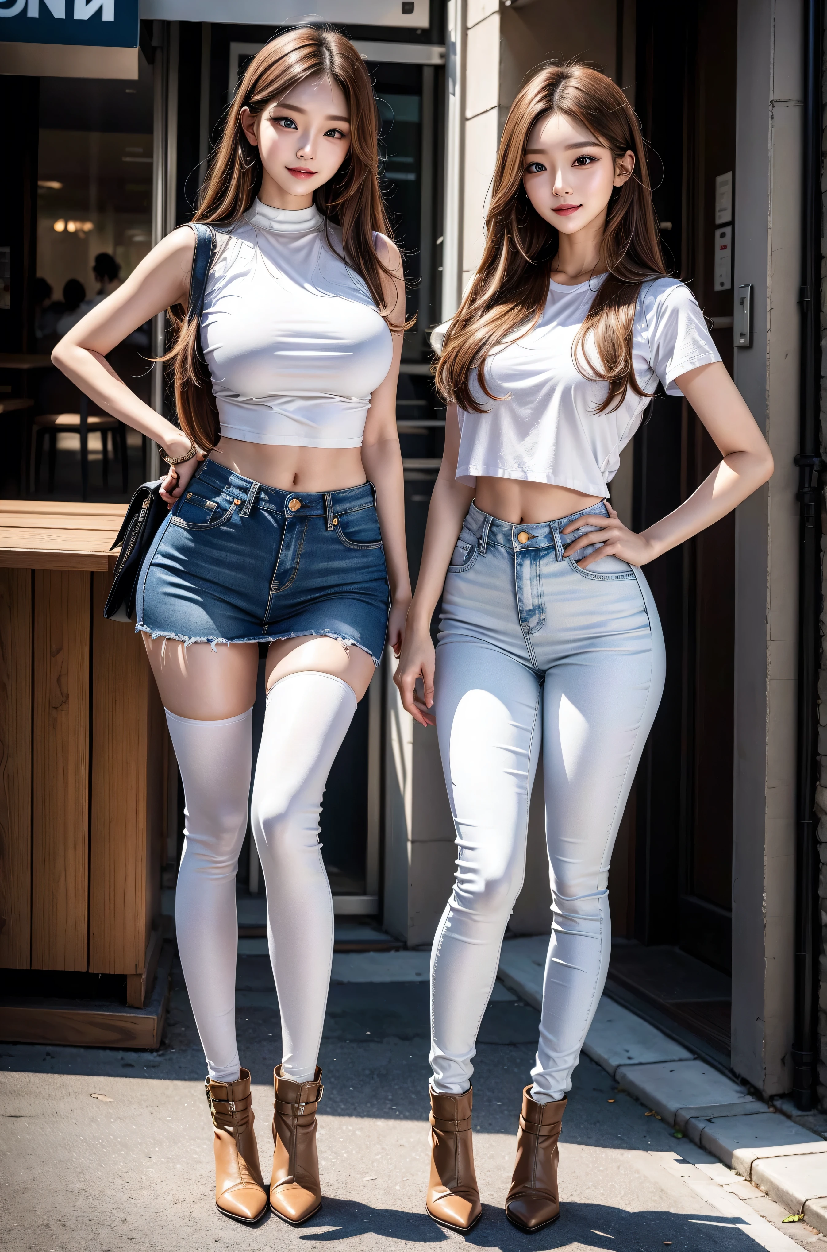 ((Realistic lighting, best quality, 8K, masterpiece:1.3)), (lock focus:1.2), (2 girls),(Beautiful woman with perfect body:1.4), : 2 Korean beauties, K-pop idol,Leg length,(pale skin), (big eyes),(Smile:0.8),(plump sexy lips), Complex and detailed face, ((Skin is super delicate)),delicate face,Super face slimming,narrow eyes,double eyelids,((Blonde)), (white lace underwear:1.4),Background Shibuya streets,emphasize,Super face slimming,narrow eyes,double eyelids,(start from below:1.attitude,(medium bust:1.2),Sexy long legs, (Thigh clearance:1.5),wide hips,S-shaped body,Vest line, Hips raised,Leg length,skinny denim trousers,Shot from the front,body proportions,Over-the-knee leather boots,