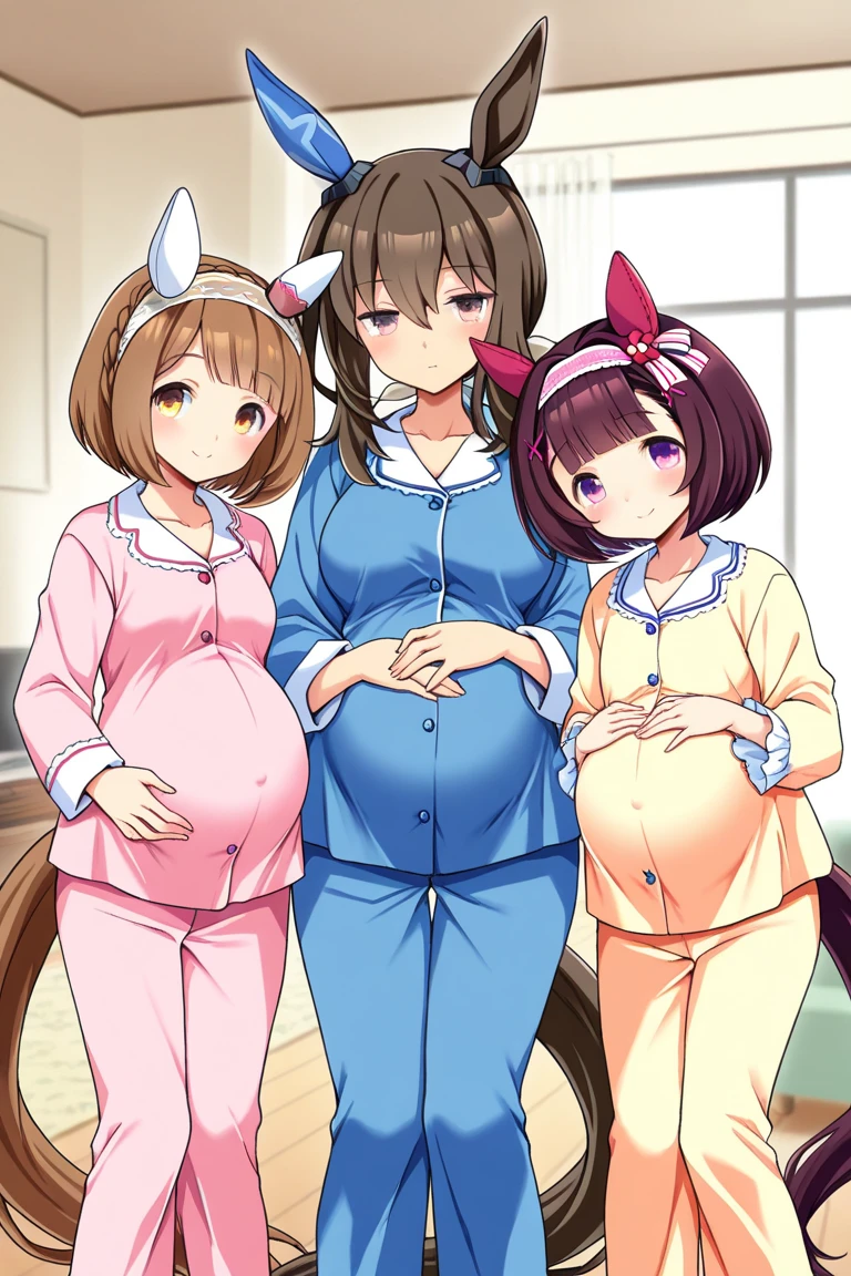 (chibi 2girls:1.4), anime visual, (tilt head:1.3), realistic lighting and shading, (an extremely delicate and beautiful art:1.3), A girl wearing a yellow cat ears helmet and a white coat, a girl with light purple hair lying on an examination table, the light purple haired girl's belly is big and pregnant,