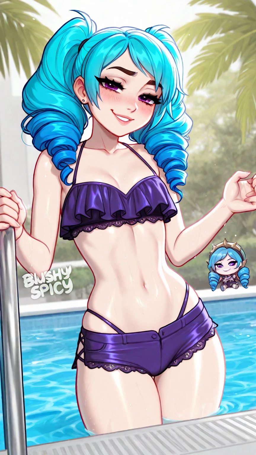 Pamela Melkor Macin. Brazilian woman, tanned skin, brunette woman, curly hair, light blue hair, curly pigtails, soft cheekbones, score_9, score_8_above, score_7, short, short polo, waitress, sandals, sexy, friendly, happy, coquette, Voluminous body, big ass, big breast, pose sexy, tight clothes, revealing clothing, bikini, Stupid, 
