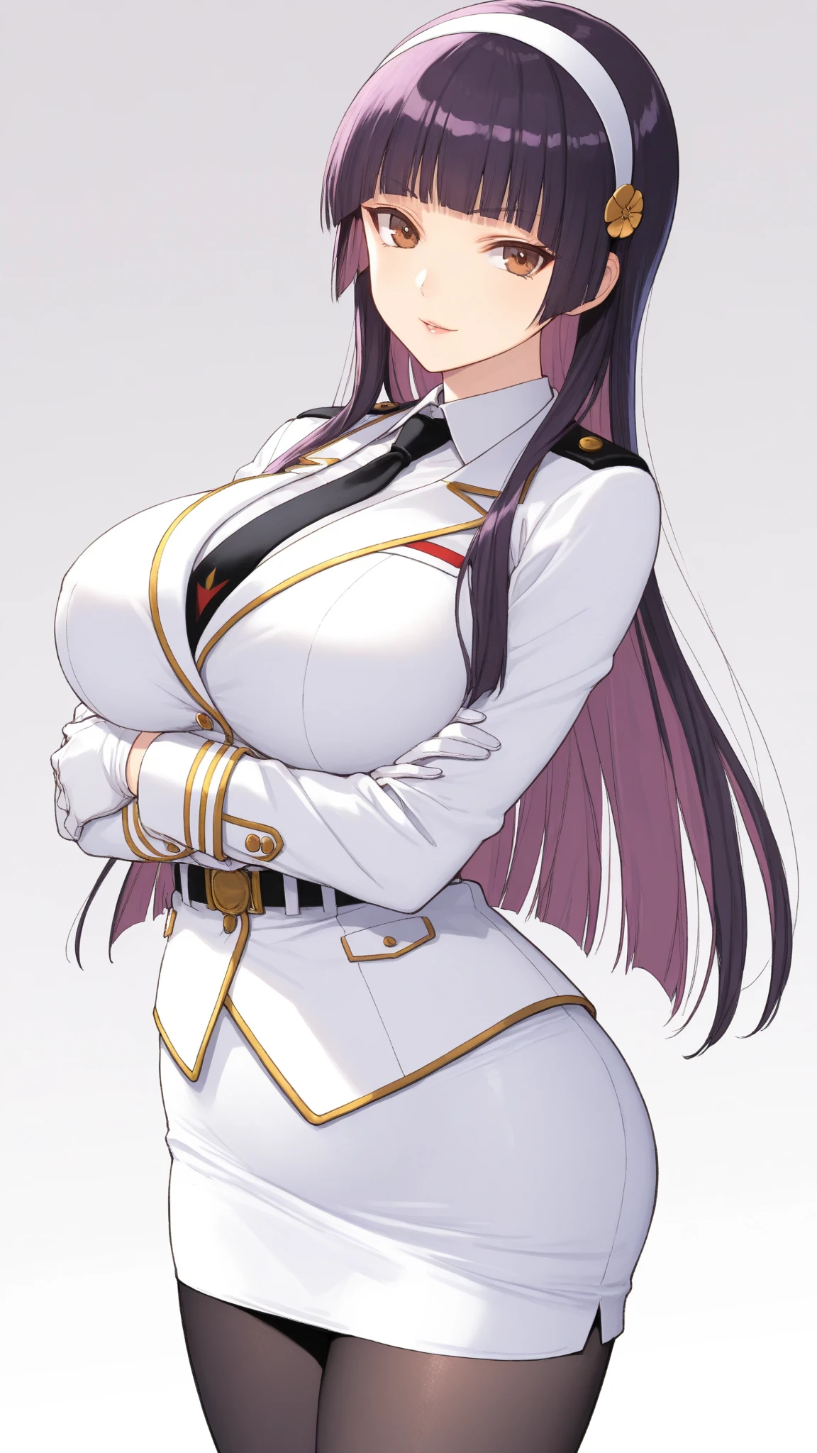 furious,simple background,topless,(((show off nipples))),masterpiece, best quality, highres,
MikazuchiDef, 1girl, solo, long hair, large breasts, bangs, ribbon, purple eyes, black hair, hair ribbon, purple hair, hair bow, hairband, white hairband,
skirt, gloves, pantyhose, pleated skirt, white gloves, miniskirt, blunt bangs, uniform, black pantyhose, military, military uniform, buttons,white skirt, hime cut, double-breasted,
head tilt, looking at viewer,