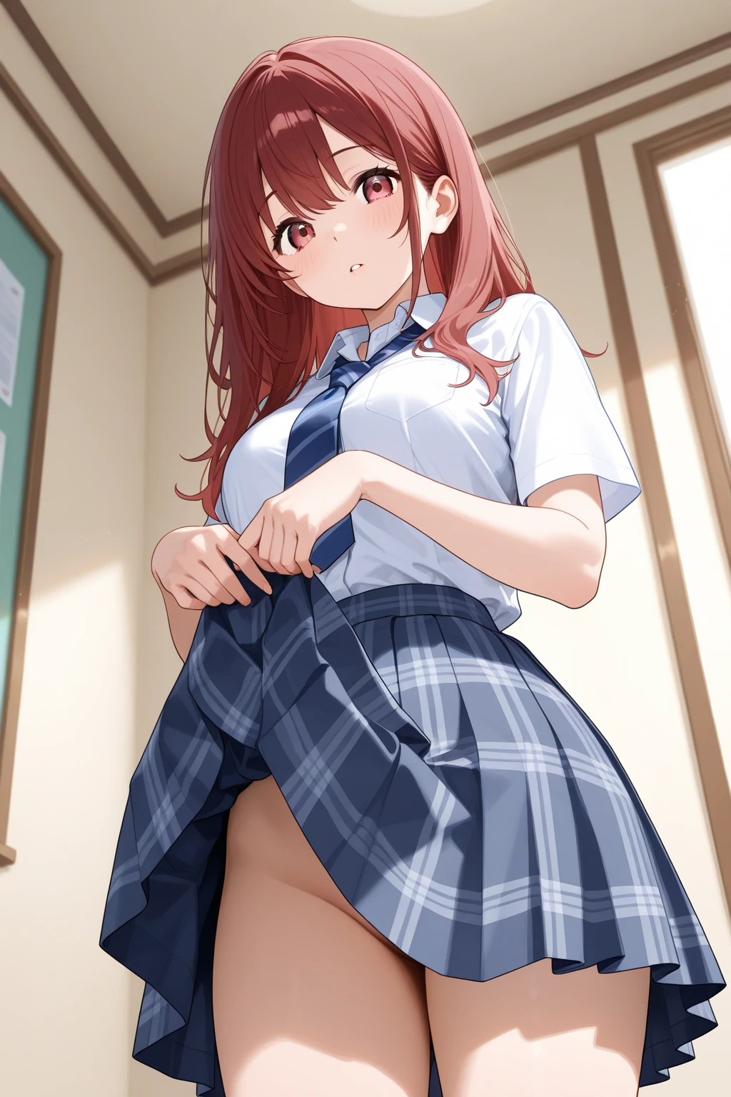 1 Girl, Solitary, , underwear, breast, skirt, hexist, Halo, Large target_breast, blue_hair, Umbilical cord, hair_Exceed_one_Eye, long_hair, White_skirt, White_, White_background, hair_Decorations, hairclip, clothing_lift, bow_, lifted_go through_Own, _background, skirt_lift, sock, from_below, Watching_exist_Viewer, long_sleeve, bow, diaphragm, blush, side_Ponytail, Berets, thigh, Bangs, shirt, Black_Headdress, blue_Eyes,