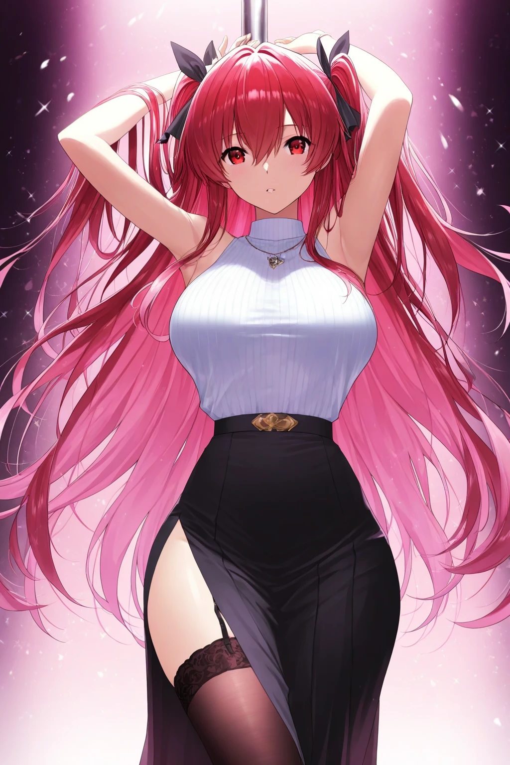Anime Kawaii sexy Perfect Slim sensual body large breast and huge thighs, An intricate and highly detailed illustration of anime (Young girl). (work of art, Maximum quality, best qualityer, offcial art, beautiful and aesthetic:1.0), (8k, best qualityer, work of art:1.2), pretty long hair,(whole body:1.3), (breasts big:1.4), pretty long hair, high-heels, black thighighs, micro skirt, Red hair, tall girl, tupolev tu-22 bomber