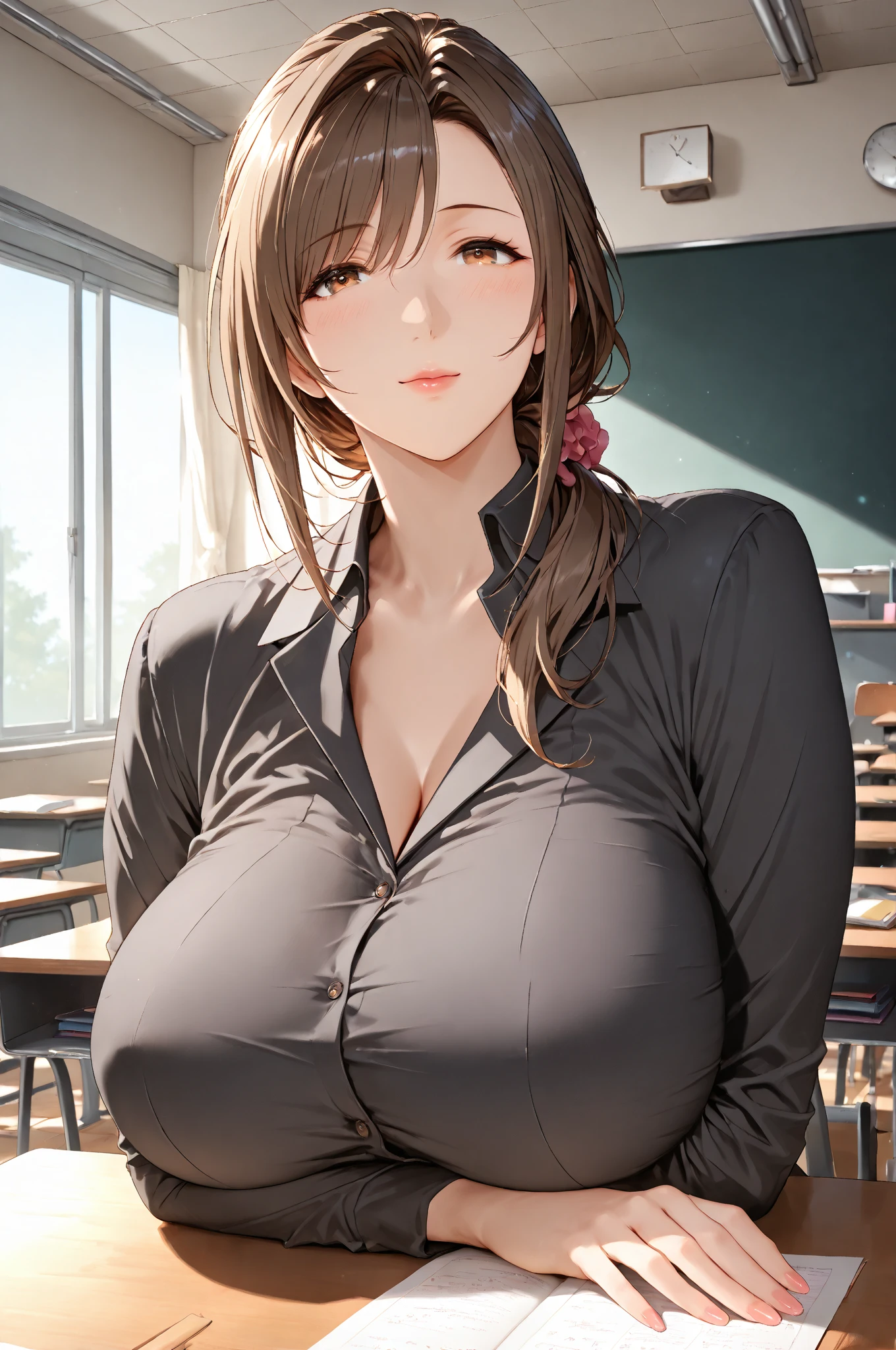 mature women, fw.nari, light brown long hair, split bangs, brown eyes, large , collared button shirt, cleavage, blushing, closed mouth, smile, masterpiece, 8K, HD, perfect face, high quality, best quality, extremely detailed eyes, extremely detailed body, highly detailed, expressive eyes, high res, 1girl, solo, upper body shot, front view, looking at viewer, body facing viewer, pov shot, slighty from above, sitting on chair, straight posture, across table, restaurant
