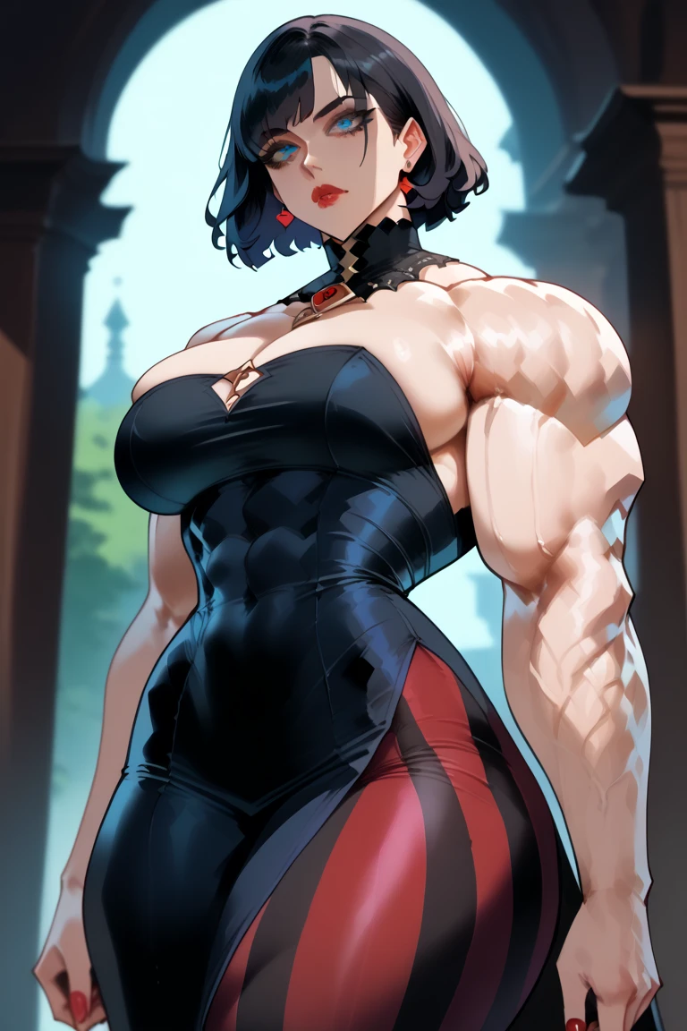raffe woman in a red dress posing on a street, heavy looking, thicc, giantess art, highly detailed giantess shot, thick body, massive legs towering over you, muscular ultraviolent woman, powerful and huge, hyperrealistic full figure, exaggeratedly large physique, large muscles, extremely detailed giantess 