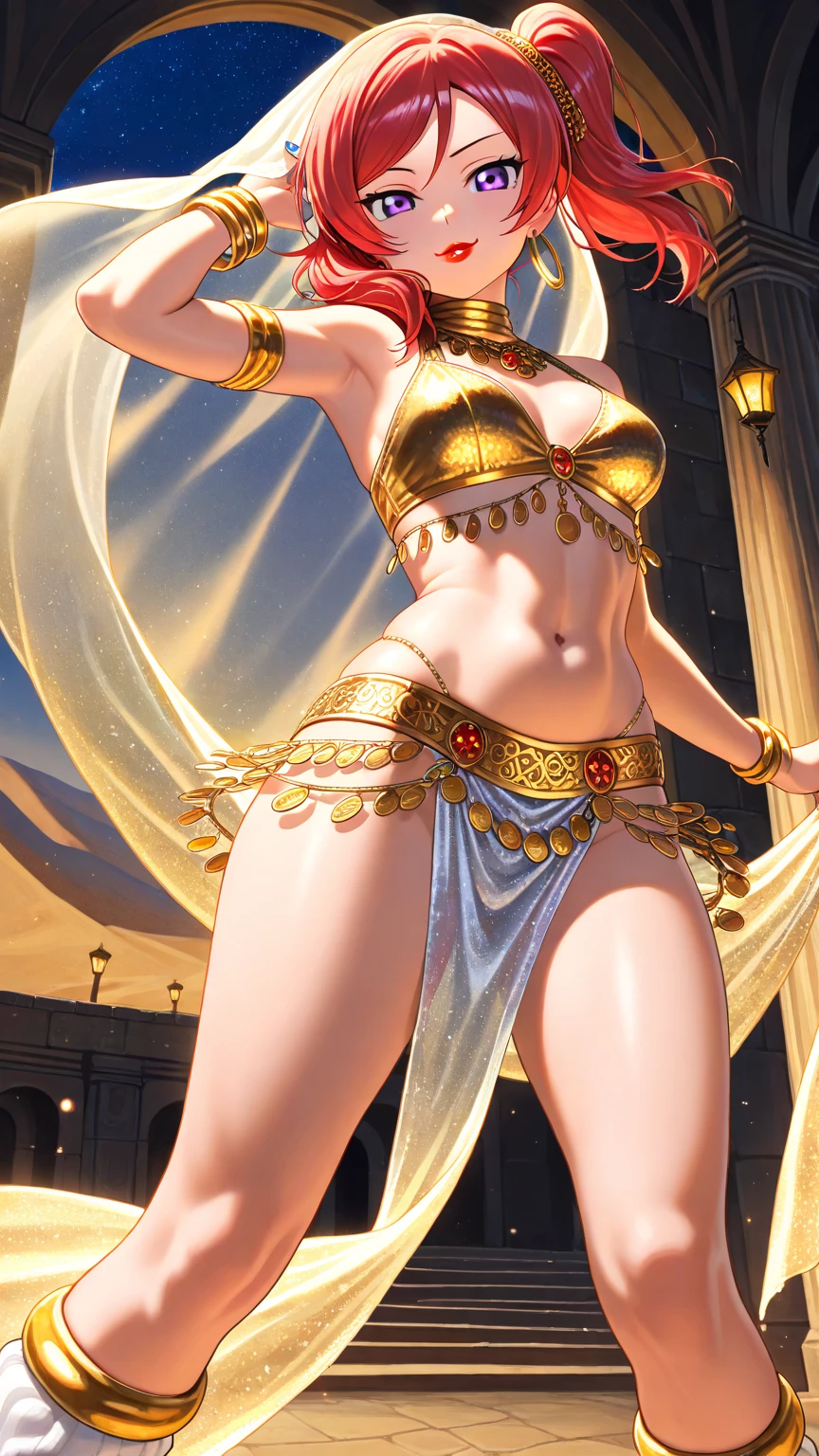 Giantess wearing a black dress, gold chain belt, with a thin waist, her belly button is exposed, thin waist, she is dressed as a belly dancer, exposed waist, thin-waist, tiny waist, slender waist, athletic body, gts city, city buildings, smoke, clouds, evil, realistic lighting, high heels, from below,