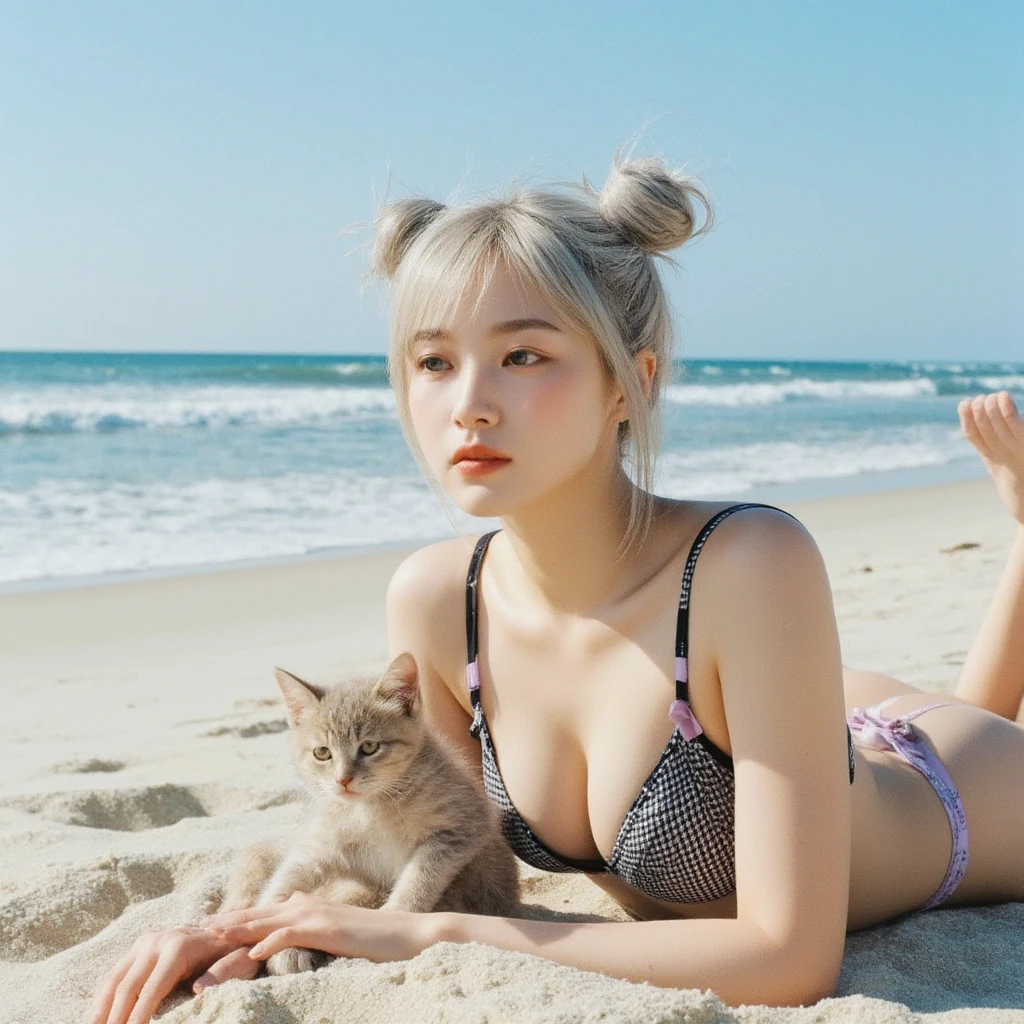 (highest quality, 8K, 32K, masterpiece, UHD:1.attractive french man, 1 girl, big breasts, (slim slim abs, slender body shape, perfect body :1.2), long hair: 1.1, ((blonde:1.3)), (noon:1.2), ((sandy beach:1.3)), super detailed face, detailed lips, fine eyes, double eyelid、expensive、((leopard_pattern_bikini:1.3))、((crawling_position:1.3))、((on_all_fours:1.3))((big breasts:1.3))