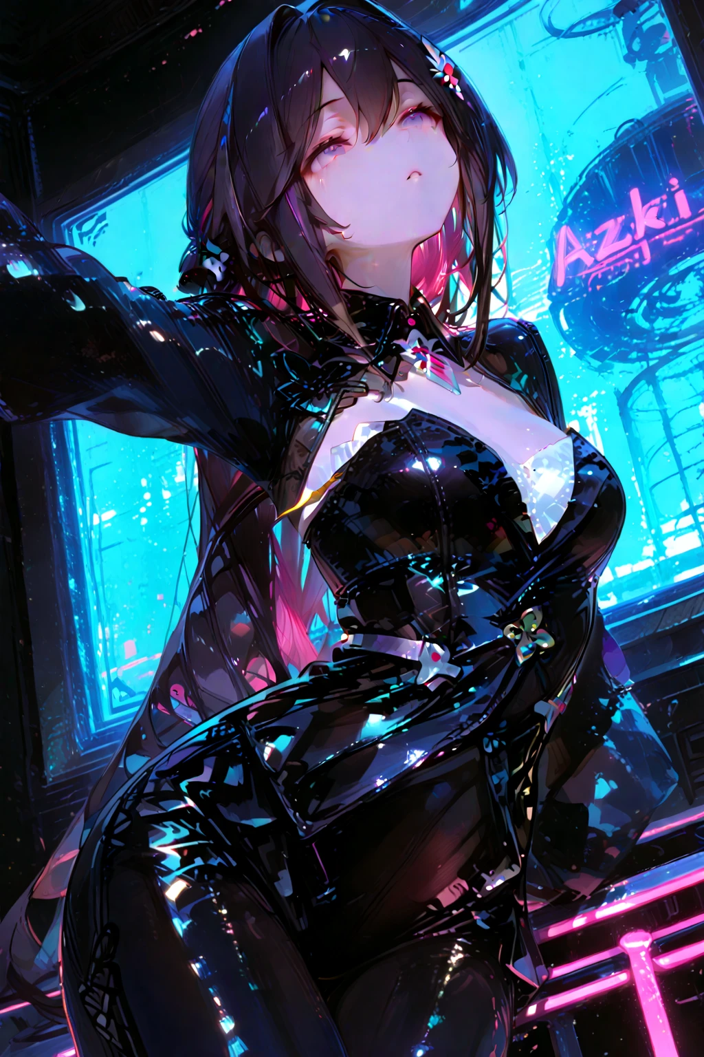 (best quality,4k,8k,highres,masterpiece:1.2),ultra-detailed,(realistic,photorealistic,photo-realistic:1.37),Cyberpunk 2077,Evelyn Parker,1girl,sitting in bed,open window,night city view,XL breasts,impressive breasts,curvy figure,vivid colors,detailed face expressions,beautiful detailed eyes,beautiful detailed lips,attractive appearance,stunning redhead hair,futuristic style,dark atmosphere,bright neon lights,shadows and reflections,glowing cybernetic implants,body modification,tattoos,sensual clothing,sexy lingerie,urban environment,high-tech room,modern interior design,shiny leather texture,subtle smoke effect,bedroom decor,comfortable pillows,soft lighting,shadowed contours of the body,alluring pose,confident posture,reflection on the window glass