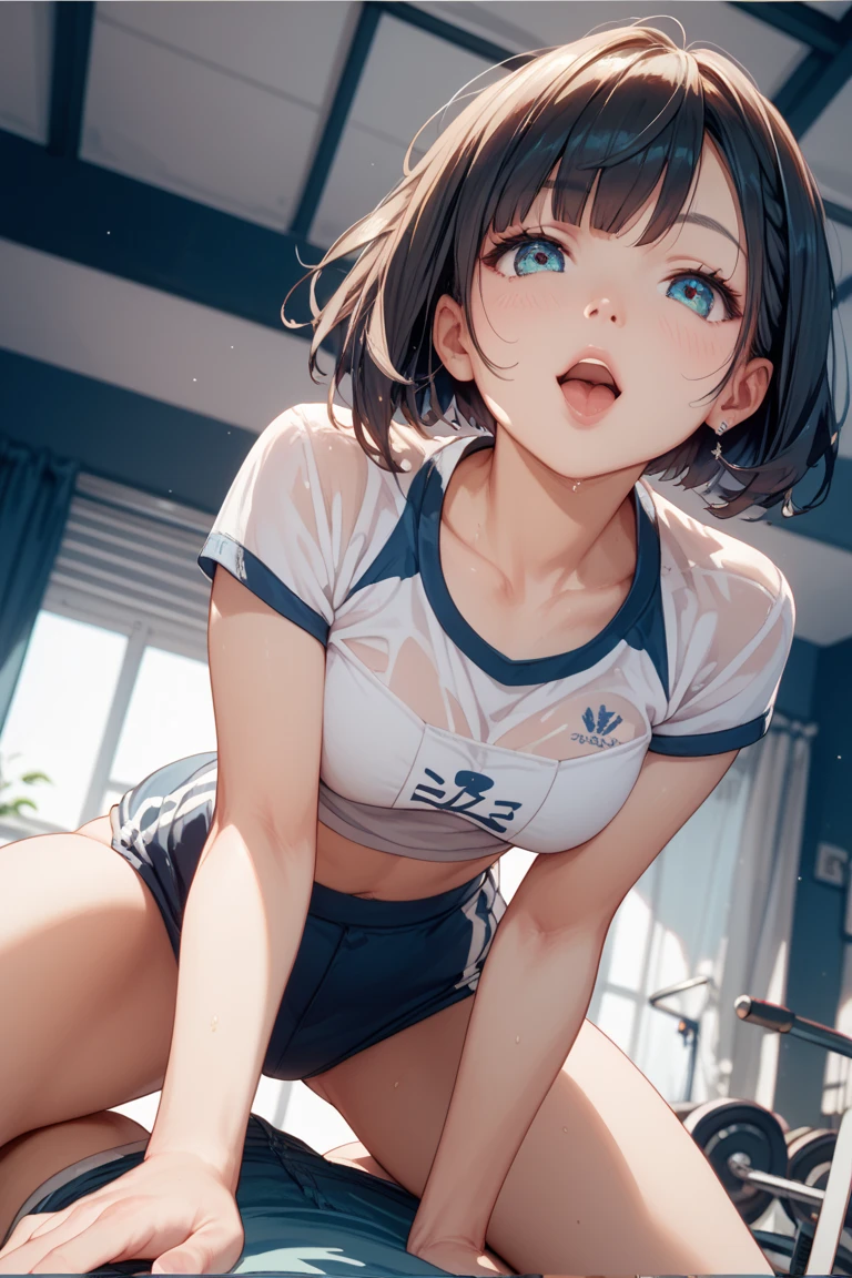 ((perfect anatomy:1.2,realistic,:1.3,RAW Photography:1.3,masterpiece、highest quality、Ultra - High resolution、High resolution、Highly detailed CG、8K)),cowboy shot,1 female,solo,20 year old beauty,((beautiful detailed face and eyes,big and gorgeous eyes)), brown eyes,open mouth,steam、heavy breathing,,(brown hair,long hair,forehead,center parted hair:1.2、straight hair),(medium breasts,slender body,small head:1.3,skinny,tan skin,gleaming skin,oily skin,shiny skin,sweat:1.4), BREAK ,(((white t-shirt,navel, sweatshorts,dark gray micro shorts))), BREAK ,squatting,training in progress、spread legs:1.5,arms up,gymnasium hall,