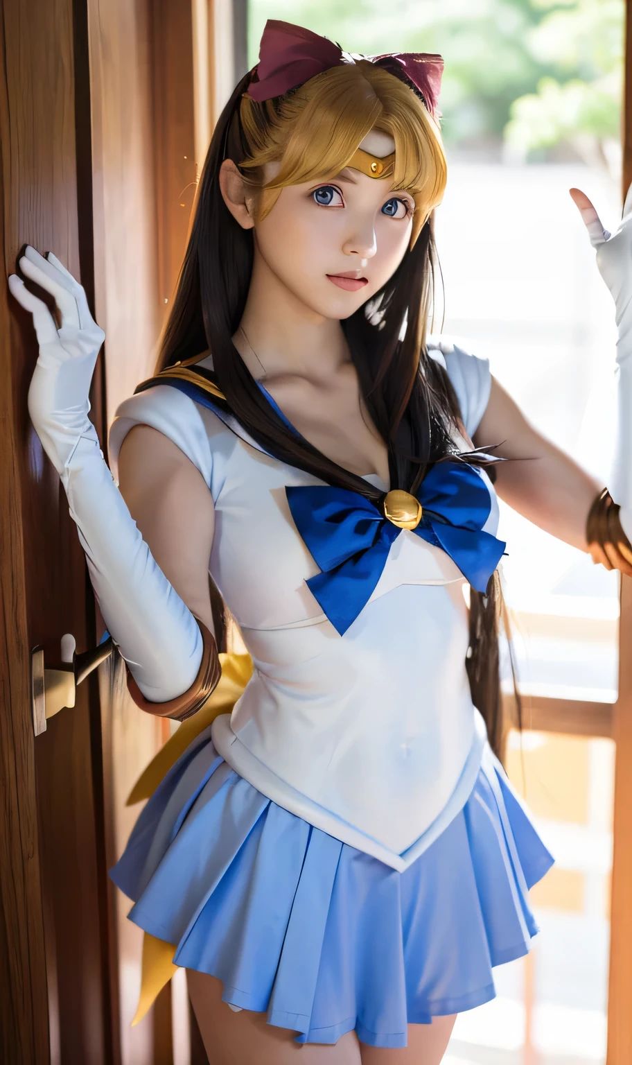(Best Quality, Ultra High Resolution, Masterpiece, RAW Photo, Realism: 1.6), 16K, ((Sailor Moon Sailor Moon Costume: 3)) From Sailor Moon, Big Breasts, she wears a blue and white uniform, the top is a loose cropped with a round red bow tie. Her dress was a blue miniskirt with several layers of fluffy blue-white frills underneath. Her feet were on a pair of white high heels.