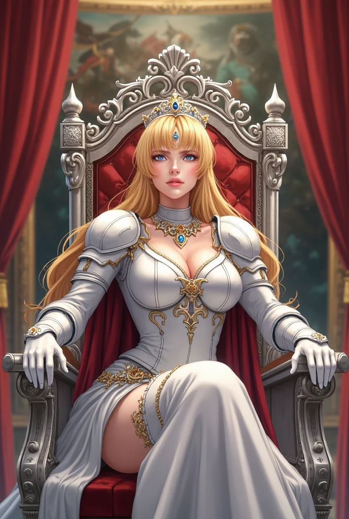 (Realistic), (Highres), 4K, 8K, Detailed Illustration, Ultra-Detailed, Ambient Light, Backlighting, Realistic Shadows, Glowing Particles, Light Particles, Digital Art, Detailed Face, Detailed Hair, (Hyper-Detailed Eyes:1.2), Soft Light, Soft Lighting, (Outdoors:1.15), Renaissance, Renaissance Architecture, Hyper Detailed Architecture, Vintage Windows, Red Curtains, (Throne:1.4), (Sitting on Throne:1.2), Front, Frontal, Huge Throne, Ornate Throne, Royal Throne, Massive Throne, (Blonde Hair:1.15), Bangs, Shiny Hair, short braids, Blue Eyes, Closed Mouth, Dignified Expression, Emotionless, Calm, Confident (Solo:1.4), Mature Female, Sexy Faun Woman, Full Body, Toned Thighs, Narrow Waist, Round Hips, (Perky Breasts:1.1), Crossed Legs, (Crossed Arms:1.1) (Elegant green Dress:1.1), Ornate Clothes, Ornate Dress, (Green Off-Shoulder Dress:1.1), Bare Shoulders, Skindentation, (Green Dress:1.1), (White Puffy Sleeves, Long Sleeves, Juliet Sleeves:1.1), Long Sexy Dress, cleavage, covered, (Ballroom Gown:1.3), (Frilled Dress:1.3), (Jewelry:1.15), Collar, Gorget, Gold-Trim, Regalia, Knight