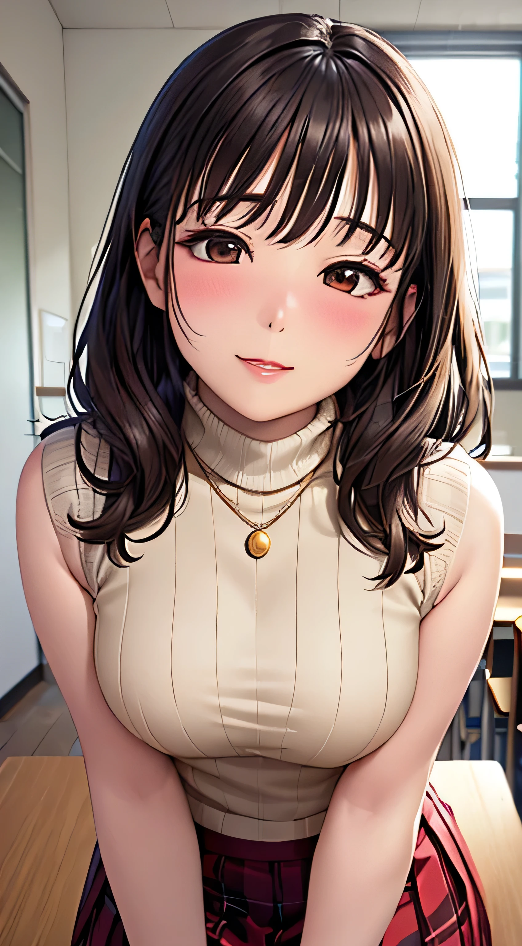 (Tabletop, highest quality, High resolution, , Pixel Perfect, 4K,), 1 girl, single, alone, Beautiful woman、I could see the whole body、 ((Wavy mid-length hair, bangs, Brown Hair)), ((Brown eyes, Beautiful eyelashes, Realistic eyes)), ((Detailed face, blush:1.2)), ((Smooth texture:0.75, Realistic texture:0.65, Realistic:1.1, Anime CG Style)), Center of chest, Dynamic Angle, Perfect body, ((, female teacher, , Earrings、necklace、Light beige open neck sweater、Long flared skirt in dark blue、Black knee-high stockings、、Please lift up your skirt and show me your pants.、A shy smile、Put your hands behind your back、Leaning forward、)), look up、Sit on the sofa、(、Pink lace panties、、Angle from below)、