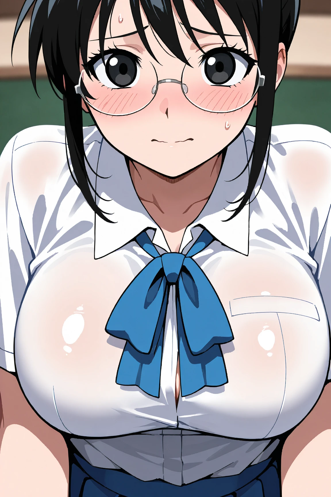 (perfect body),highest quality,16k、Masseter muscle part、((NSFW))、((blush))、((((embarrassing))))、surprised、obesity、Tree Fe○lumes、short hair、(red eyes),black hair、((Sweat))、(big ass)、huge breasts、swollen nipples、((thick thighs))、(Light Blue Panties)、(Office room at night)、Hands behind the head、(both armpits)、Glasses、legs spread、
