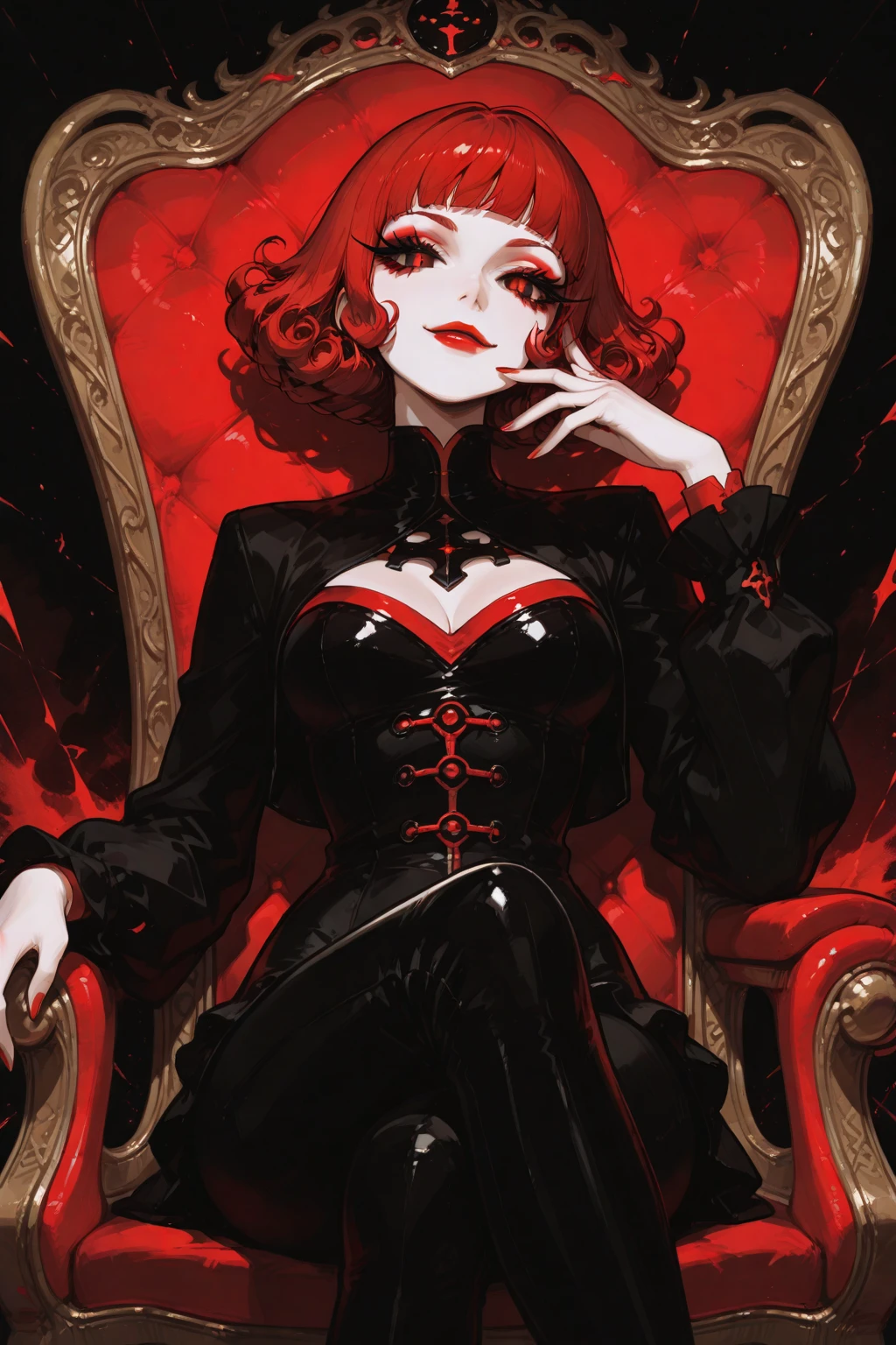 Vampire woman with red hair and blue eyes,short hair, young,(((Oval face))),Dark clothing,Soft and melancholy face,Beautifully,No wrinkles,Gothic style,Synthwave meets Art Nouveau,Bold and smooth lines,Dynamic composition of organic Art Nouveau patterns,Characters that embody vampires Mysterious Gothic atmosphere,Feminine but calm expression,Art Nouveau pattern dress,Digital grid landscape with natural forms,Neon-like outline effect reminiscent of stained glass,White background,High contrast,Easy to color,visual clarity,French Art Nouveau,80s vaporwave art style。Maximum details,. Sitting on throne in dark gothic mansion