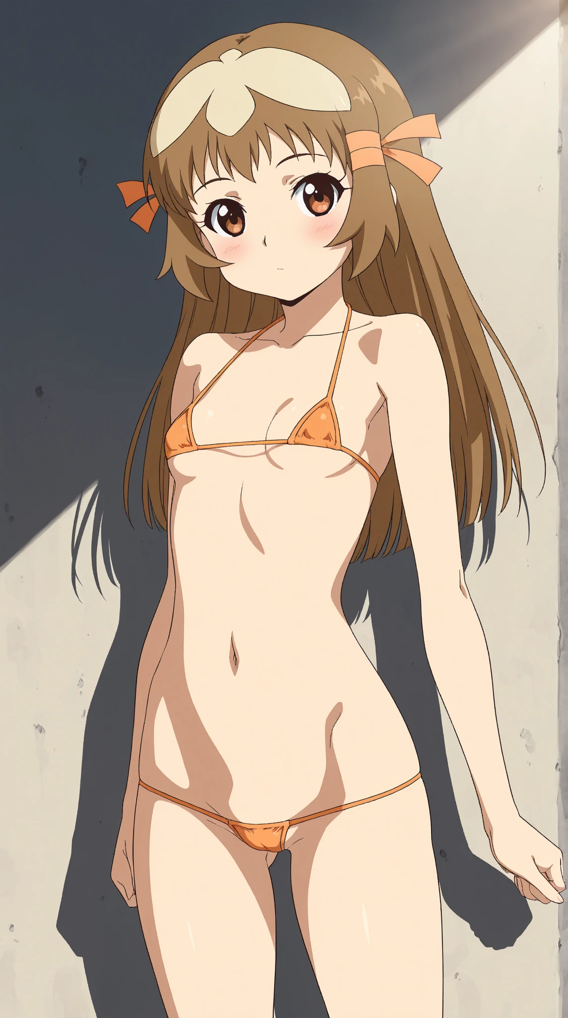 Imagine a stunning anime girl with tan skin, wearing a bikini top and cargo pants, lying on the floor in a state of starvation and discomfort. Her ribs are visible and her sweat glistens in the light, a range of styles and variations to choose from for this stylistic rendering.