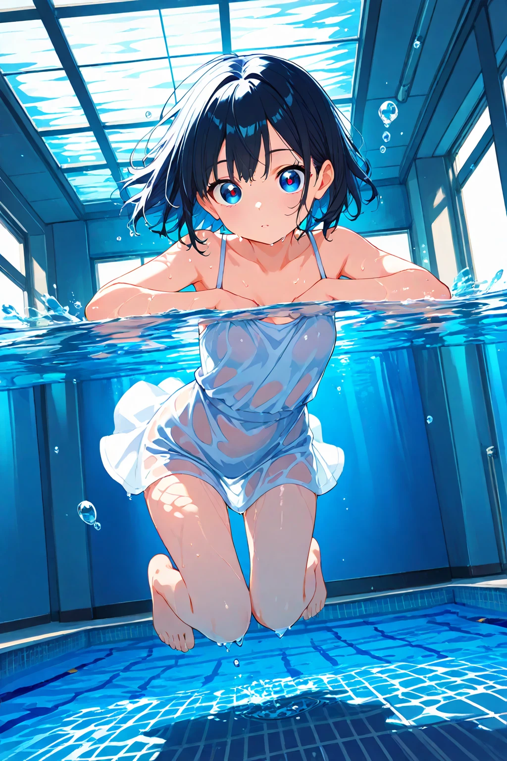 score_9, score_8_up, score_7_up, source_アニメ, masterpiece, 1girl, watahana, blue eyes, hair ornament, hair flower, school outfit, blue dress, sailor dress, white sailor collar, red bow, outdoor, school yard, field, cowboy shot, looking at viewer, indoors, open mouth, Black Hair、Shiny Hair, Highest quality、Water Play, Skirt fully open、Long wide skirt、cute、White underwear、blush、Watery eye、Lots of water、Wet、((Wind power increase))、The skirt floats on the water、(drowning water)、(Underwater Shot Of The Swimming pool)