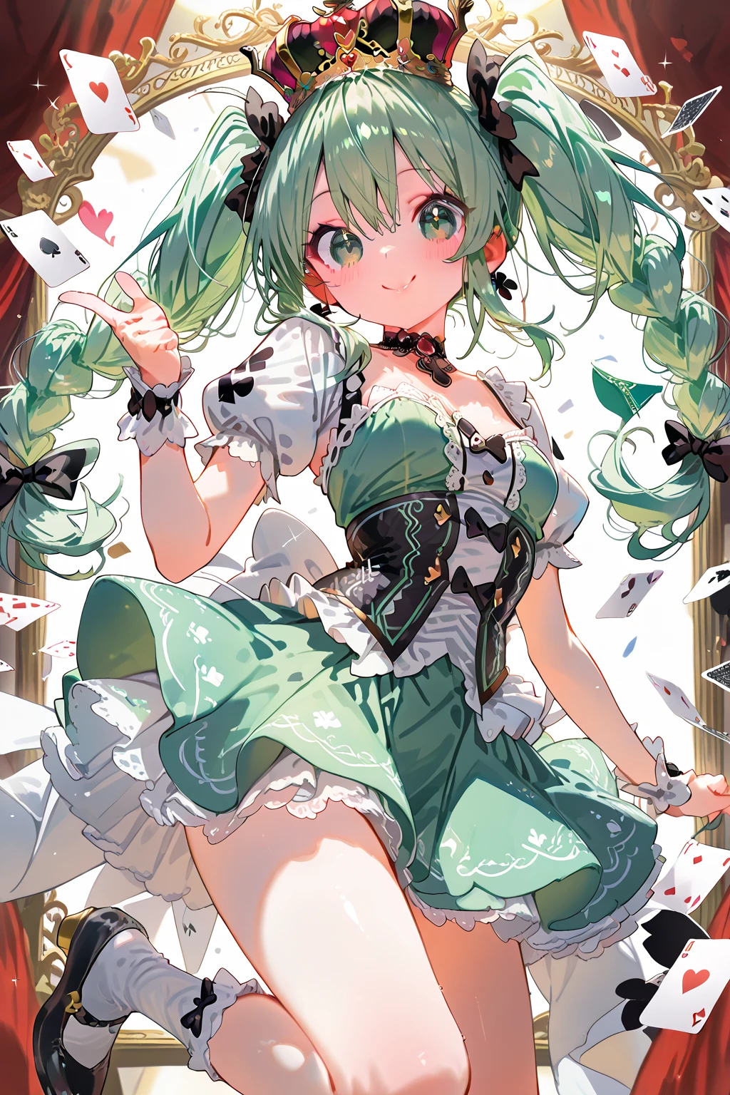 (Masterpiece), (Best Quality), (Super Detail), Official Art, One Little Girl, Pale Green Hair Loli, Dress, Sleeveless, Small Breasts, Cleavage, Thigh Focus, Card Illustration, Wind