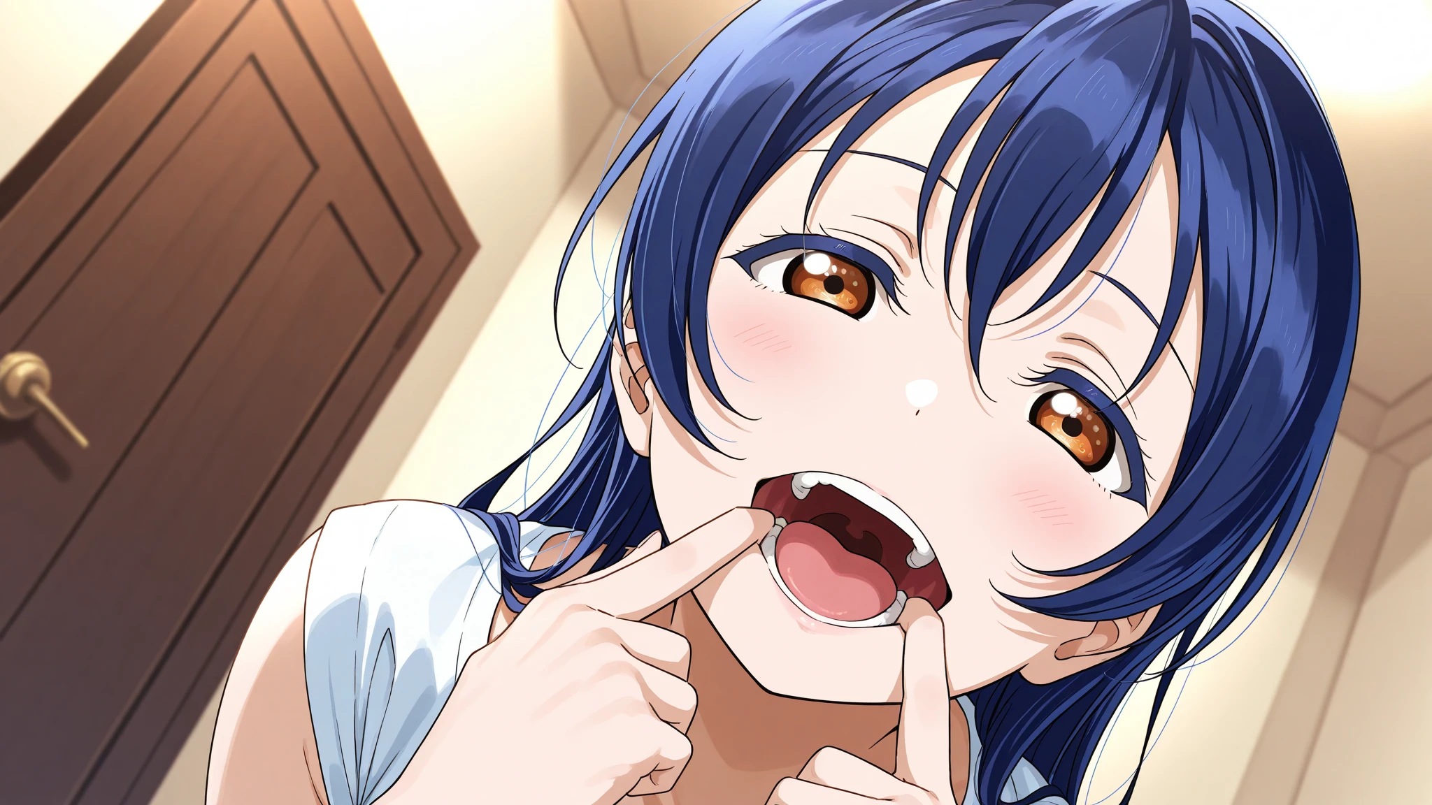(masterpiece, best quality, ultra-detailed, high resolution, detailed eyes), takeda hiromitsu style, (1women), huge breast, big eyes, makeup, lingerie, shocked, tears, sobbing, drool, breath, in heat, (blushing:1.3), 1boy, pov, (deepthroat:1.4), fellatio, penis, (boy is holding her head with both hands)