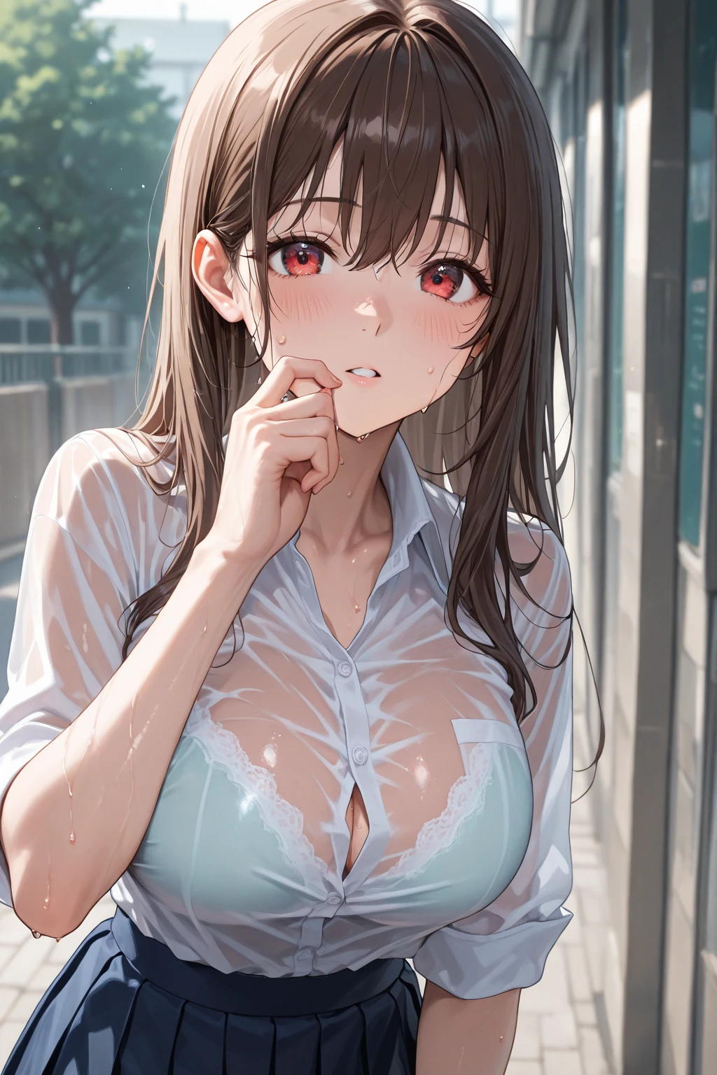((table top, highest quality, High resolution, perfect pixel, written boundary depth, 8K)), 1 girl, high school student, beautiful girl, ((brown hair, curly hair:0.8)), ((green eyes:1.4, beautiful eyelashes, realistic eyes)), ((detailed face, blush:1.2)), ((smooth texture:0.75, realistic texture:0.65)), medium breasts, dynamic angle, perfect body,(sweaty), (Wet and sheer white shirt:1.2), publish one'chest of:1.2, school uniform, smile