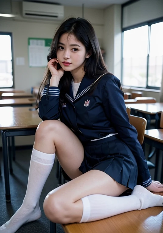 Super fine、8k、muste piece、(RAW photo:1.4)、High resolution、((Composition gradually moving away from the subject))、((Full body photo from face to ankles))、((perfect anatomy))、1 female 14 years old、my room、((hugging own legs:1.3))、open your legs、detailed skin、glowing skin、baby face、double eyelid、long eyelashes、Moist eyes、small face、smile、open your mouth、Neat and clean hairstyle、Natural light comes in from the windows、Dreaminess、middle School girls、A blue and gray school bag slung over my shoulder、、slender and delicate body、small breasts、Blazer uniform with green lines、girls school uniform、plaid skirt、healthy、young female teenager、barefoot、full body shot、Neat and clean hairstyle、Emphasizes the rather slender leg line