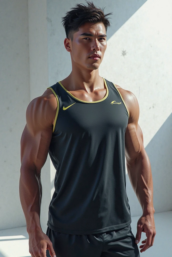 16 year old boy, 1.60 cm tall, dark green eyes, long dark brown hair, slim and muscular ,wind breaker style and long face, fighter
Anime, dressed in a white tank top and long black trousers