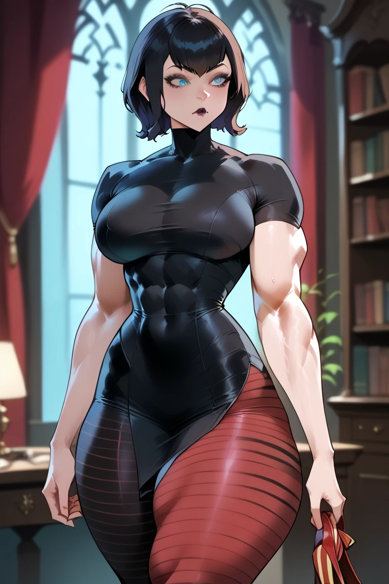 A woman with black hair down to her shoulders, yellow eyes, small muscles and big breasts wearing formal clothes