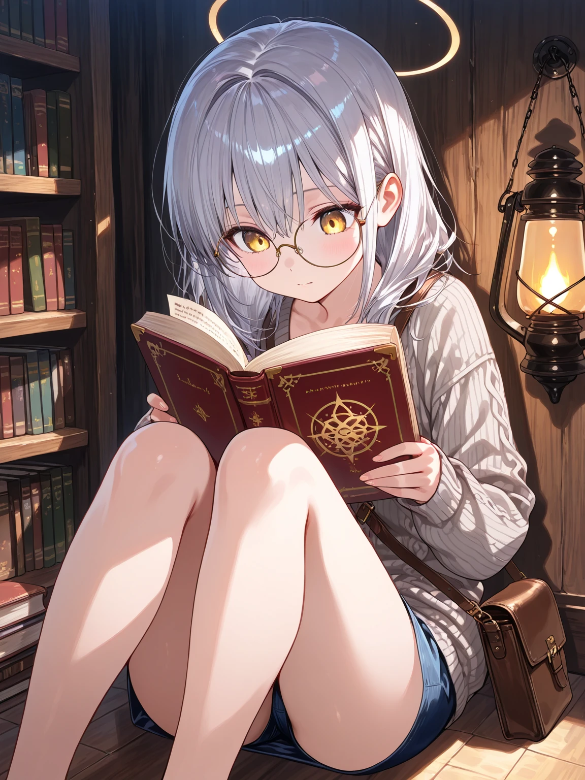 (masterpiece, best quality,1.3),extremely detailed,1girl,(frieren),pointy ears,elf,round face,green eyes,navel,small breasts,sweat,white hair,twintails,parted bangs,smile,solo,(reading magic book),white tank top,frayed denim shorts,sleeveless,barefoot,spread legs,glasses,library,looking book,blush,best quality,amazing quality,very aesthetic,absurdres,