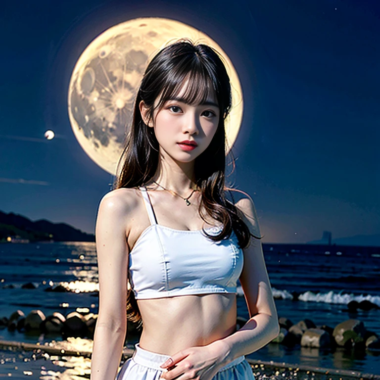 Diffuse lighting、 Highest quality, High resolution, unity 8k wallpaper、Supersaturation, Colorful, fairy tale, dream-like, Movie-like characters, oil, 3d, 8K resolution, Sequins, Sparkling, moonlight, Close-up portrait adorable,Too cute cat, Fine grain, Large, round, reflective eyes,Dreamland、pastel colour、A bikini made of soft marshmallow fabric、Tight ass、laugh、Facing forward、full moon、Mysterious Flower、