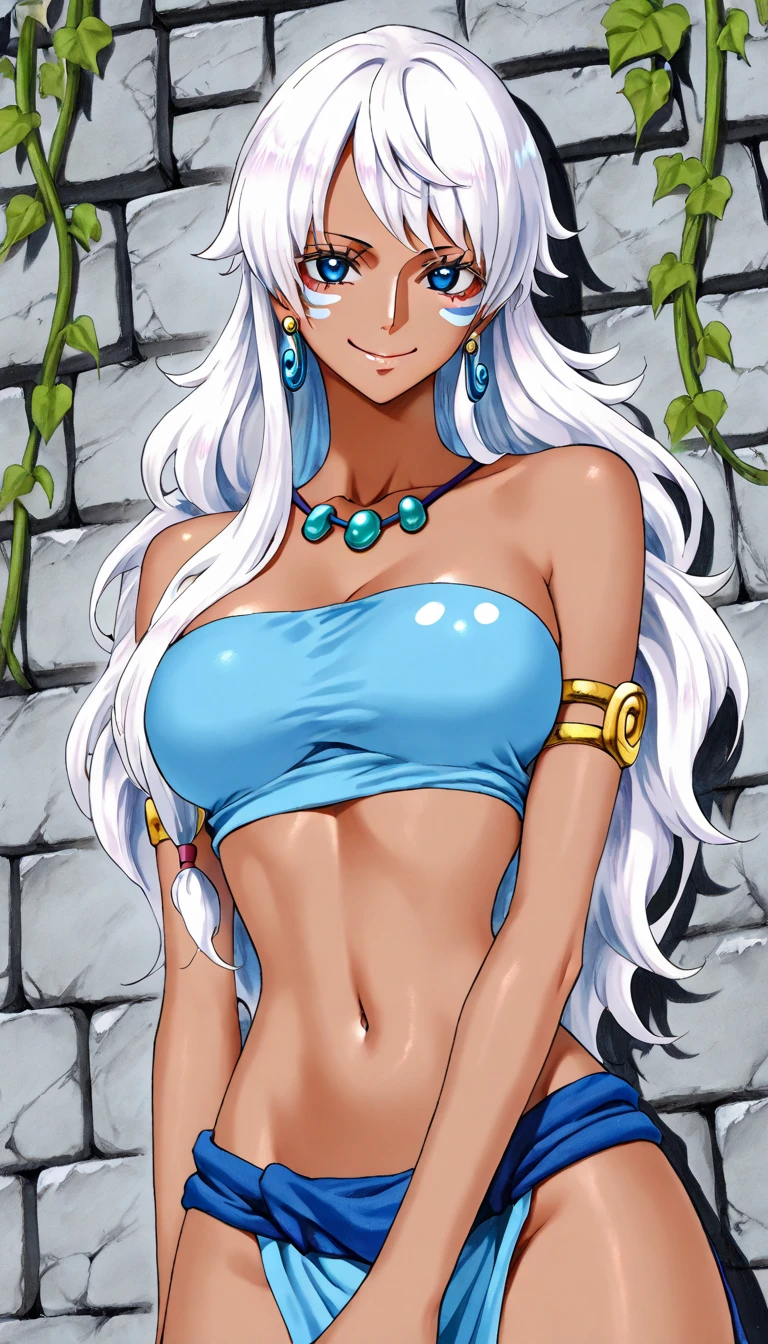 Urd, 1girl, solo, dark skin, purple color eyes, smile, blue forehead markings, wet, ((orange tiger stripe pattern bikini)), kneeling in ocean water beach, arms behind head, (waves splashing), looking at viewer, sunset in background, perfect quality, good quality, masterpiece, HDR, UHD <lora:Urd:0.8>