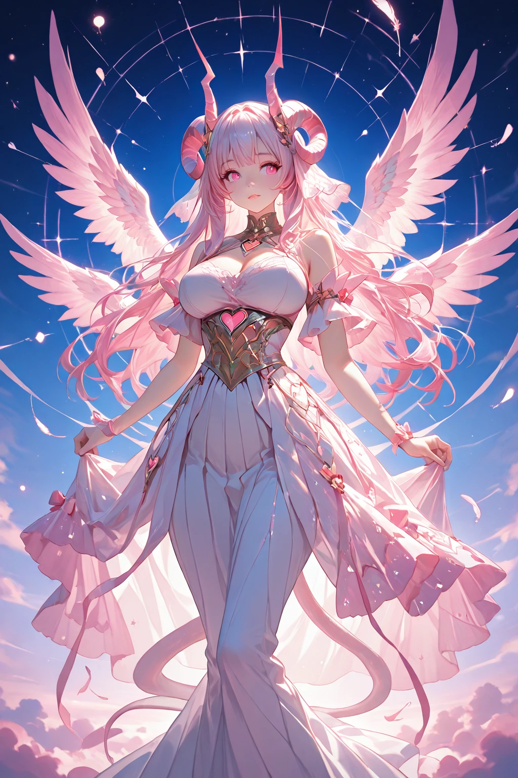 ((Highest quality)),(Ultra-high resolution),(Very detailed),(Detailed Description),((The best CG)),(A masterpiece),Ultra-detailed art,Amazing painting art,(Works with precise details:1.5), (1 female:1.6),(Beautiful and well-proportioned face:1.5),(Curly Hair:1.6),(Intricately detailed lace dress:1.8),Fine jewellery with exquisite detailing:1.5,Waist Accessories:1.5,Look at me and smile:1.5, (See-through nipples:1.1),, Angel Girl, (((Magnificent white angel wings on his back:1.2))), Mature Woman,Descended into the church,(Pastel colored hair:1.3),(Red and black long high heel boots:1.4),garter belt,stockings、 (Floating in the sky with magical powers),(Floating skirt:1.5), (Embarrassed expression, blush:1.2)
