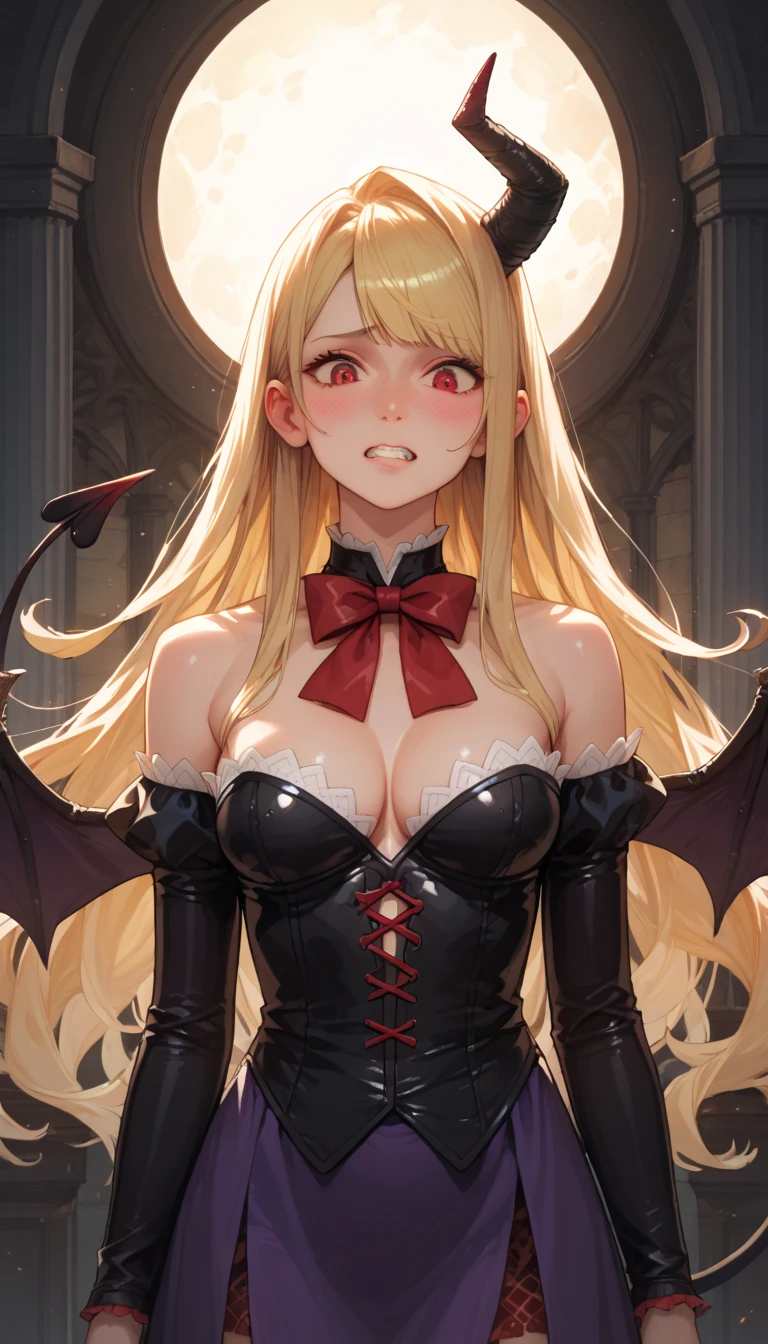 ((Highest quality)), ((masterpiece)), (detailed), (Perfect Face)、The woman is the Devil Queen Tiare, a female demon wearing a gorgeous black wedding dress decorated with gold.、The woman is a female demon with magnificent devil horns, jet black devil wings and a jet black tail. She is looking at the camera with a happy expression, a demon named Tiare, with green eyes, blonde medium-long hair and the expression of a maiden in love.、The woman is Tiare