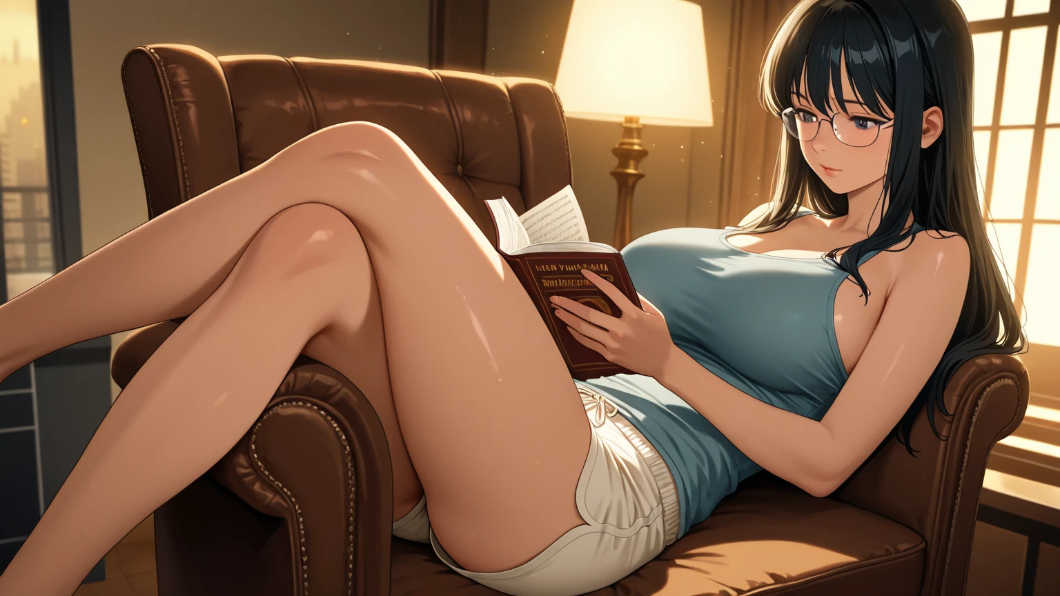 NSFW, (Official art、Best Quality、Unity 8k Wallpapers、32K、masterpiece、ultra-detailliert、super high resolution、realisitic、Photorealsitic:1.2)、(natural soft light:1.2)、Fireglow effect、film grains、Best Shadows、side lights、sideshot、(Ultra-detailed and complex 3D rendering)、Detailed beautiful face and eyes、Sharp pupils、Realistic pupiliddlebreasts、Smile、sitting on desk, on desk, Sit on a desk, Sitting on a desk,bent at the knees、Opening legs、open one's legs、A sexy、Ultra-slim thong bikini swimsuit, In the office, glasses, embarrassed from, cleavage of the breast、A sexy、