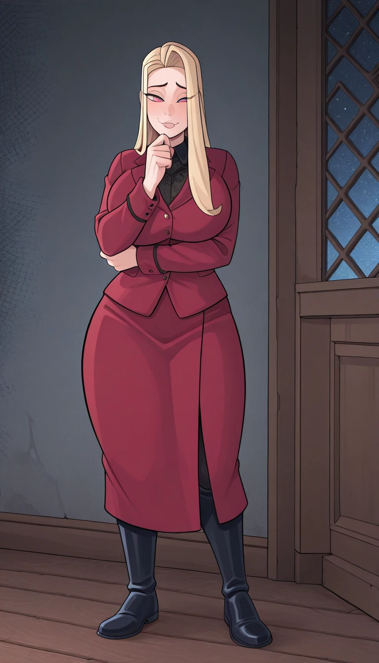 masterpice full body standing straight symmetrical, lustful smirking smile face red blush red cheeks, looking at viewer, holding a tray, braid, maid headdress, maid, dress, apron, long sleeves, brown pantyhose, long leather militar boots, thighs, long white hair