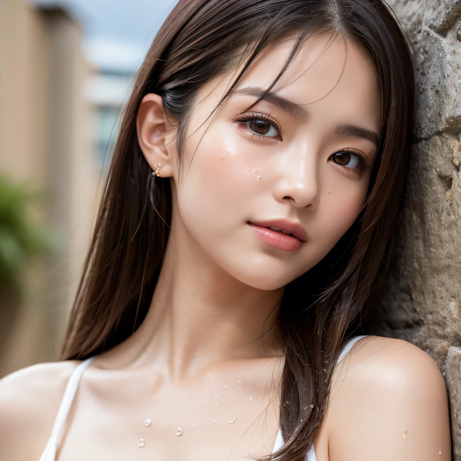 Strong realism,(highest quality、4K,masterpiece:1.3),Cute Woman,One girl,I was raised to be sexy.:1.1,Dark Brown Hair:1.1,(raindrop,raindrop,Get wet:1.2),White camisole,Ultra detailed face,Detailed lips,Detailed eyes,double eyelid、Big black eyes、smile、Brown Hair