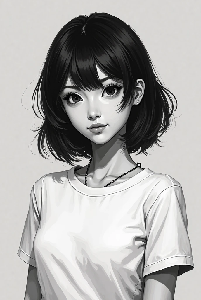 1 boyish asian girl, solo, sharp eyes, monochrome, greyscale, short black hair, portrait, T-shirt, closed mouth, looking at viewer, sketch, graphite \(medium\), detailed lips, hatching \(texture\), without makeup, bangs, upper body, (best illustration), (best quality), (very detailed), (masterpiece), expressionless,