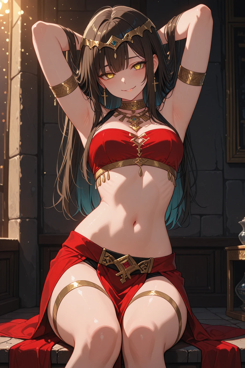 (masterpiece:1.2), (best quality:1.2), perfect eyes, perfect face, perfect lighting, 1girl, mature female dancing in a tavern, long hair hair, (dark-skinned:1.3), dnc_glam, silk, jewelry, fantasy, detailed background, smiling, heavy breathing, sweating   <lora:sexyDancer_v10:1>