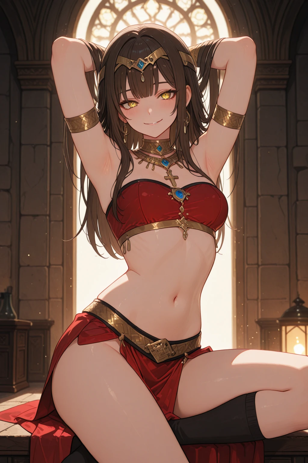 erotic posing, perfect breasts, (full-body view),((wavy dark brown hair color)),((dark brown skin)),((dark brown skin)), (((light golden eyes))),Top quality work,Photorealistic works,Ultra Premium Graphics,8K HD CG works,High-quality graphics,High-definition fine CG works,超A high resolution,(highres,masterpiece:1.2),detailed face,blushing cheeks,shy expression, a stone wall in a dungeon,vivid colors,sensual atmosphere,subtle lighting,erotic posing,Dynamic posing,alluring pose,