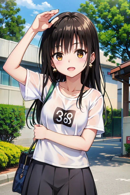 yamada anna,((best quality)), ((masterpiece)), (detailed), perfect face,1girl, solo, long hair, looking at viewer, blush, open mouth, shirt, black hair, brown eyes, upper body, teeth,, mole, mole on neck,1girl, solo, breasts, looking at viewer, smile, short hair, shirt, black hair, breasts, sitting, outdoors, parted lips, sky, shorts, sleeveless, alternate costume, tree, hand between legs, yellow shirt, sportswear, gym shorts, basketball uniform, yellow tank top,number 3,sweat,jersey numbber 3