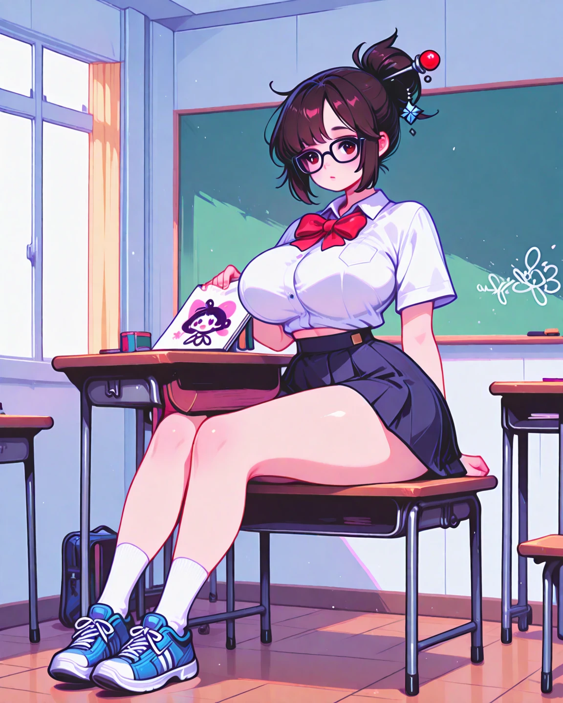 (best quality,highres),thick,shy girl sitting in a classroom, in school uniform, beautiful detailed eyes and face, long eyelashes, pensive expression, diligently doing school work. Crisp focus on the girl, capturing her intricate features and the fine details of her face. Soft lighting illuminates the classroom, creating a serene and tranquil atmosphere. The girl's thick figure is accentuated by the way she sits, exuding a gentle presence. The artwork exhibits a realistic style, with vivid colors and a warm color palette that adds depth to the scene. The girl's shy demeanor is complemented by her posture, slightly hunched over her books, immersed in her studies. The classroom is filled with academic paraphernalia, including textbooks, papers, and a chalkboard in the background, emphasizing the educational setting. Overall, the artwork portrays a peaceful moment of a self-conscious girl engrossed in her studies, inviting viewers to appreciate the beauty of academia and the individuality of each student, super thick, revealing clothes, hentai pic, giant ass, young 20 of age,