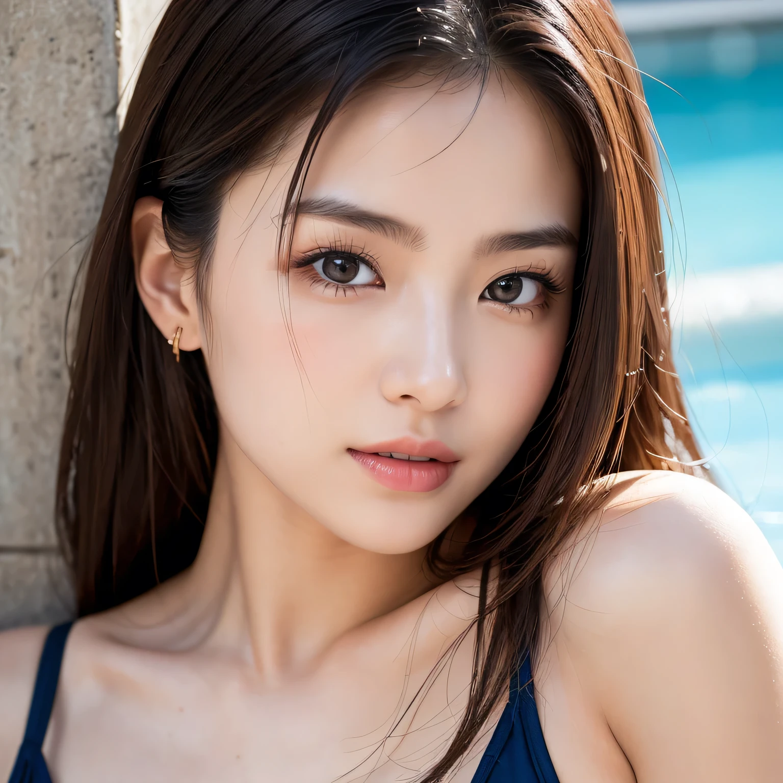 ((Genuineライティング、Highest quality、8k、masterpiece:1.3))、8k、Clear focus:1.2、Browsing Caution、（nude:1.5）、((Genuine)) 、((Genuine light、Highest quality) )、Model body type:1.4、(Dark brown hair、outside:1.8)、Dark brown eyes、Long Hair、Big Breasts、Resort、At the poolside of the Nangoku Hotel、(24-years-old:1.3)、Highly detailed face、Beautiful Eyes、double eyelid、necklace、Put your hair over one eye、High heels、eyeliner、Comb your hair、Blue sea view、liberation、Model pose、Wearing a beige knit bikini、((Are standing))、(((whole body)))、(Browsing Caution:1.3)